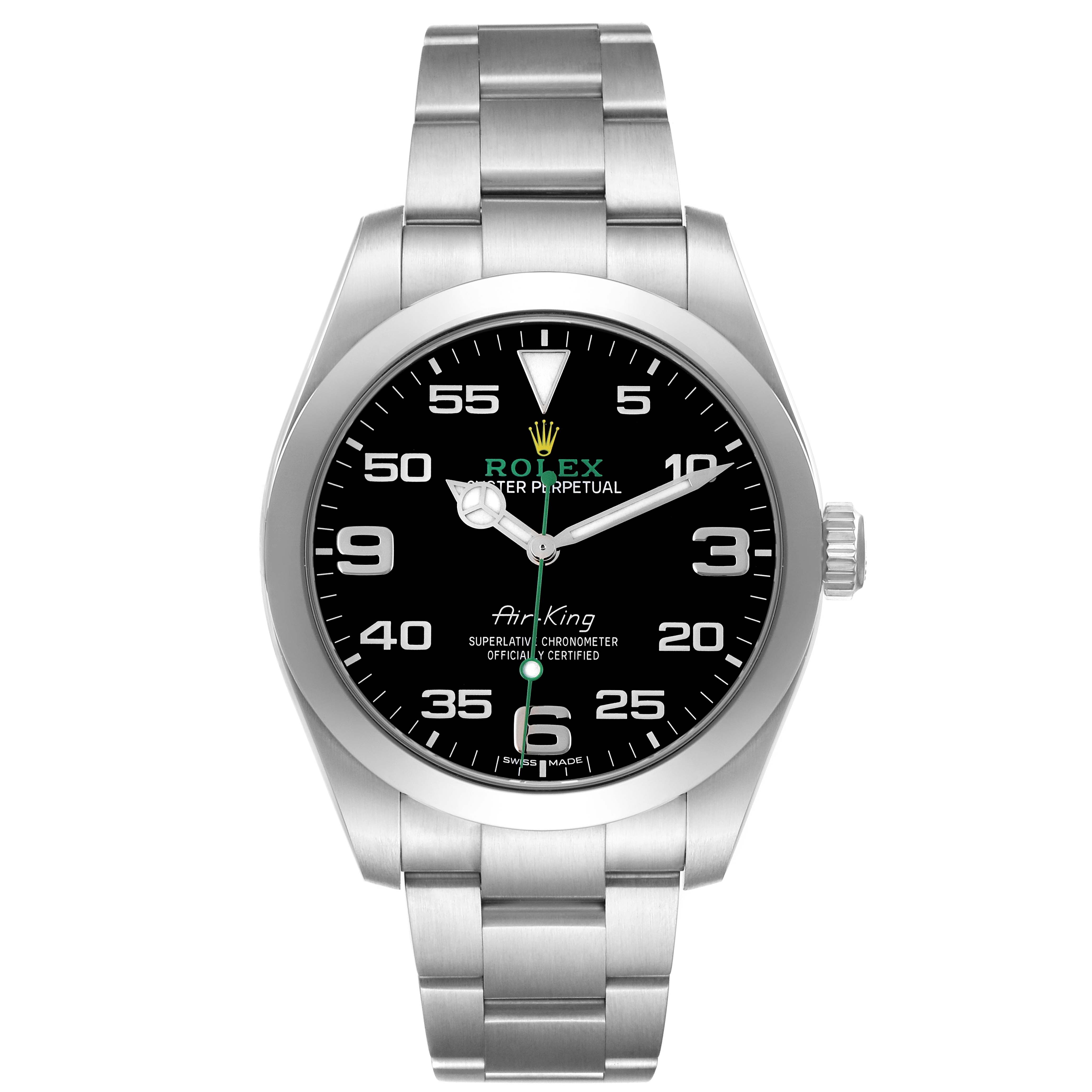 The Rolex Air-King 116900 Men's Stainless Steel Black Dial 116900 Men's Stainless Steel Black Dial watch is shown front-facing, displaying the dial, crown, and bracelet.
