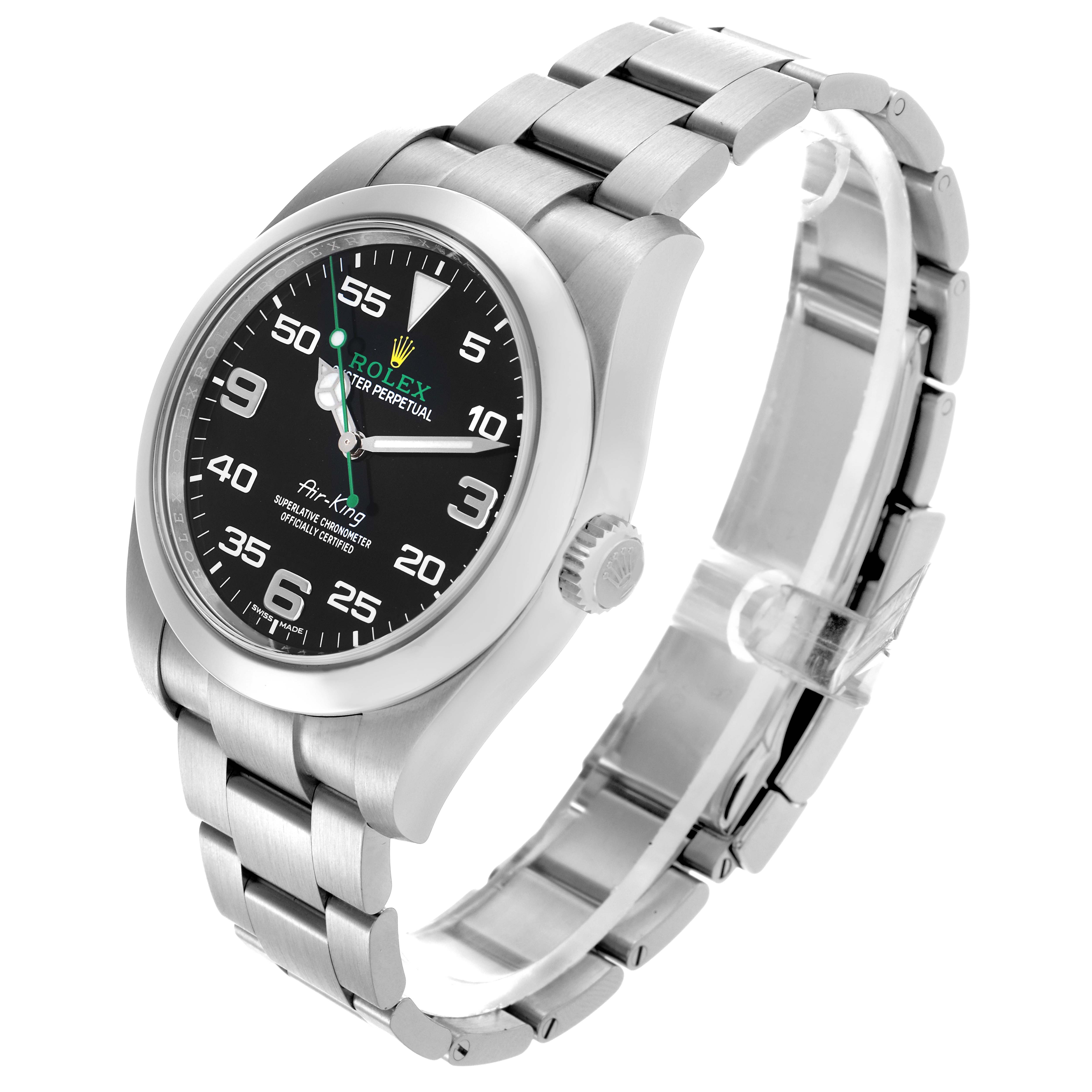 The Rolex Air-King 116900 Men's Stainless Steel Black Dial 116900 Men's Stainless Steel Black Dial is shown at a three-quarter angle, displaying the dial, bezel, crown, and full metal bracelet.