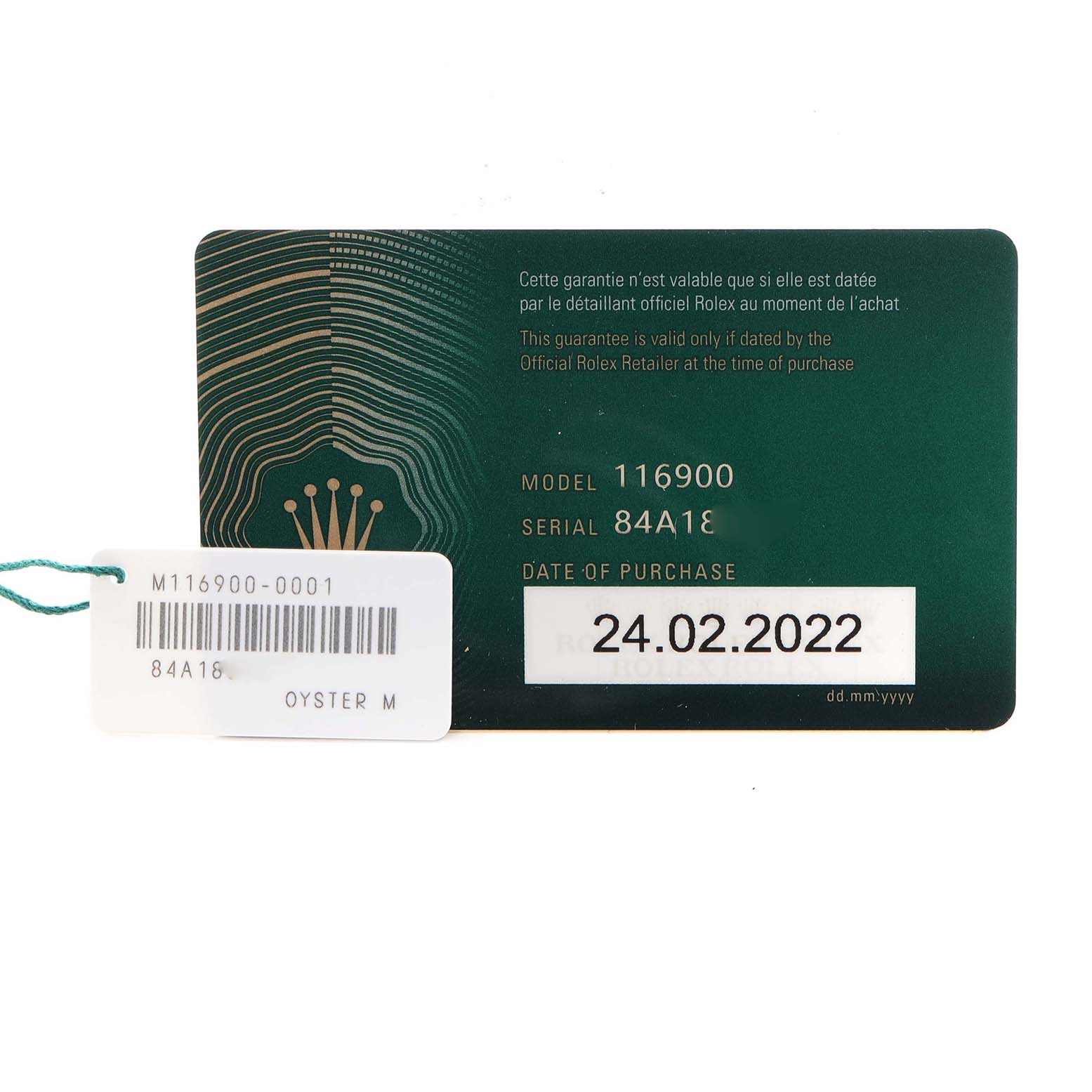 The image shows a Rolex Air-King 116900 Men's Stainless Steel Black Dial 116900 Men's Stainless Steel Black Dial model warranty card and tag with model and serial numbers visible.