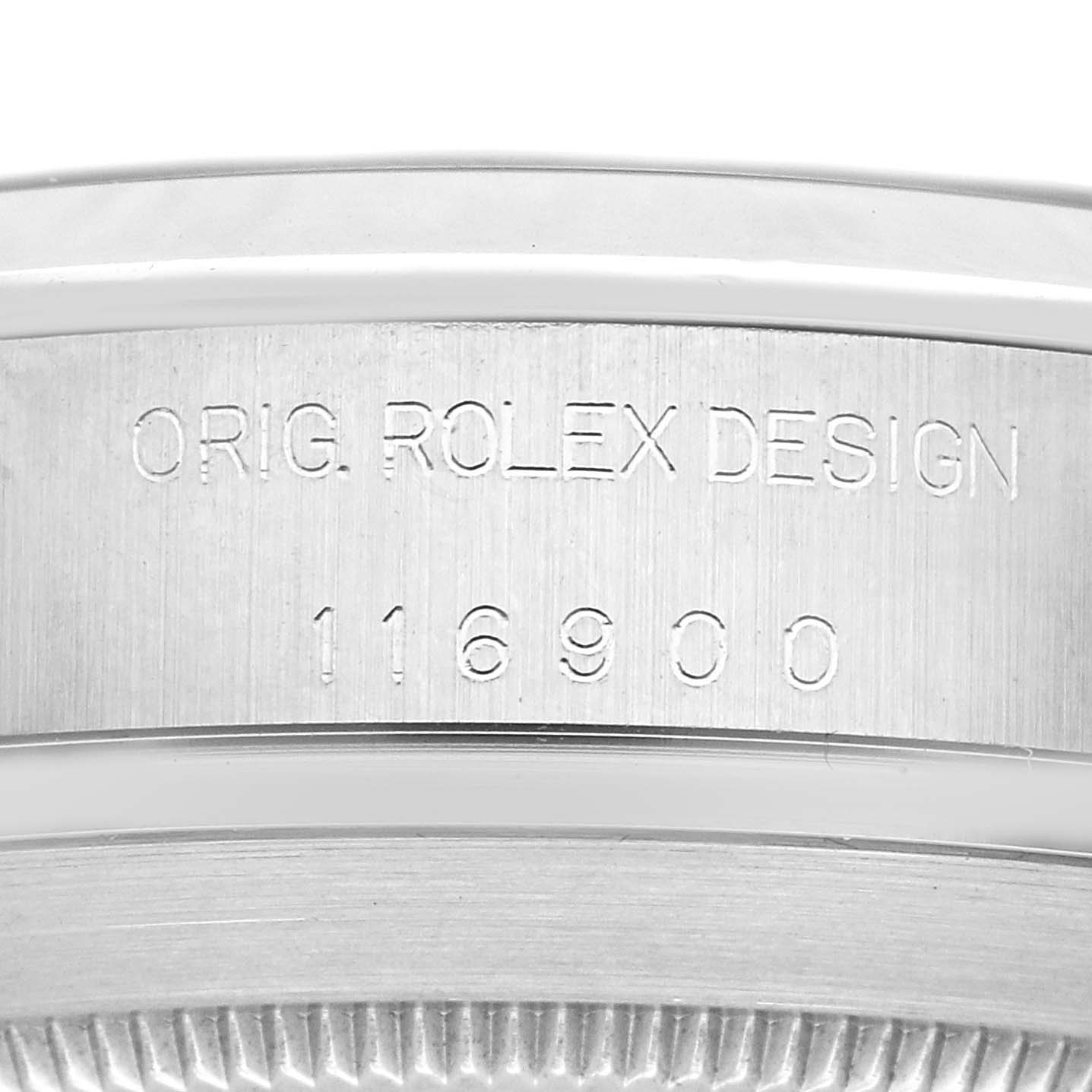 The image shows a close-up of the side engraving on a Rolex Air-King 116900 Men's Stainless Steel Black Dial 116900 Men's Stainless Steel Black Dial watch, displaying "ORIG. ROLEX DESIGN" and the model number.