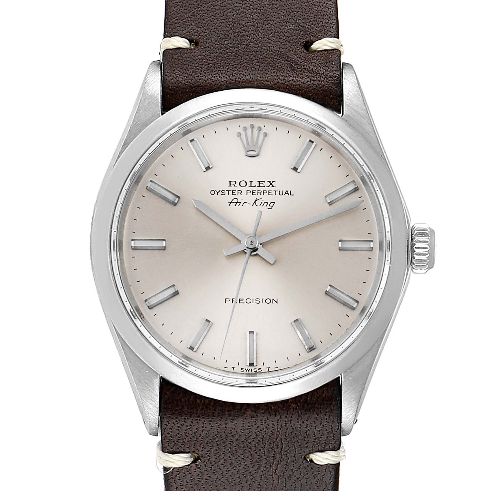 The Rolex Vintage Collection 5500 Men
s Stainless Steel Silver Dial 5500 Men
s Stainless Steel Silver Dial Air-King watch is shown from a front angle, displaying the full face, hands, case, and leather strap.
