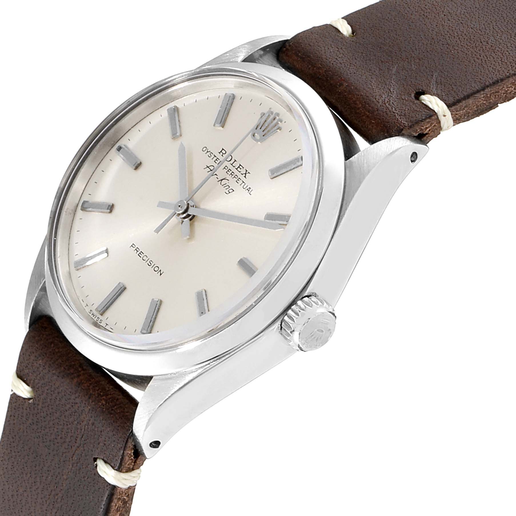 The Vintage Collection Rolex watch is shown at an angle highlighting the crown, bezel, dial, and leather strap.