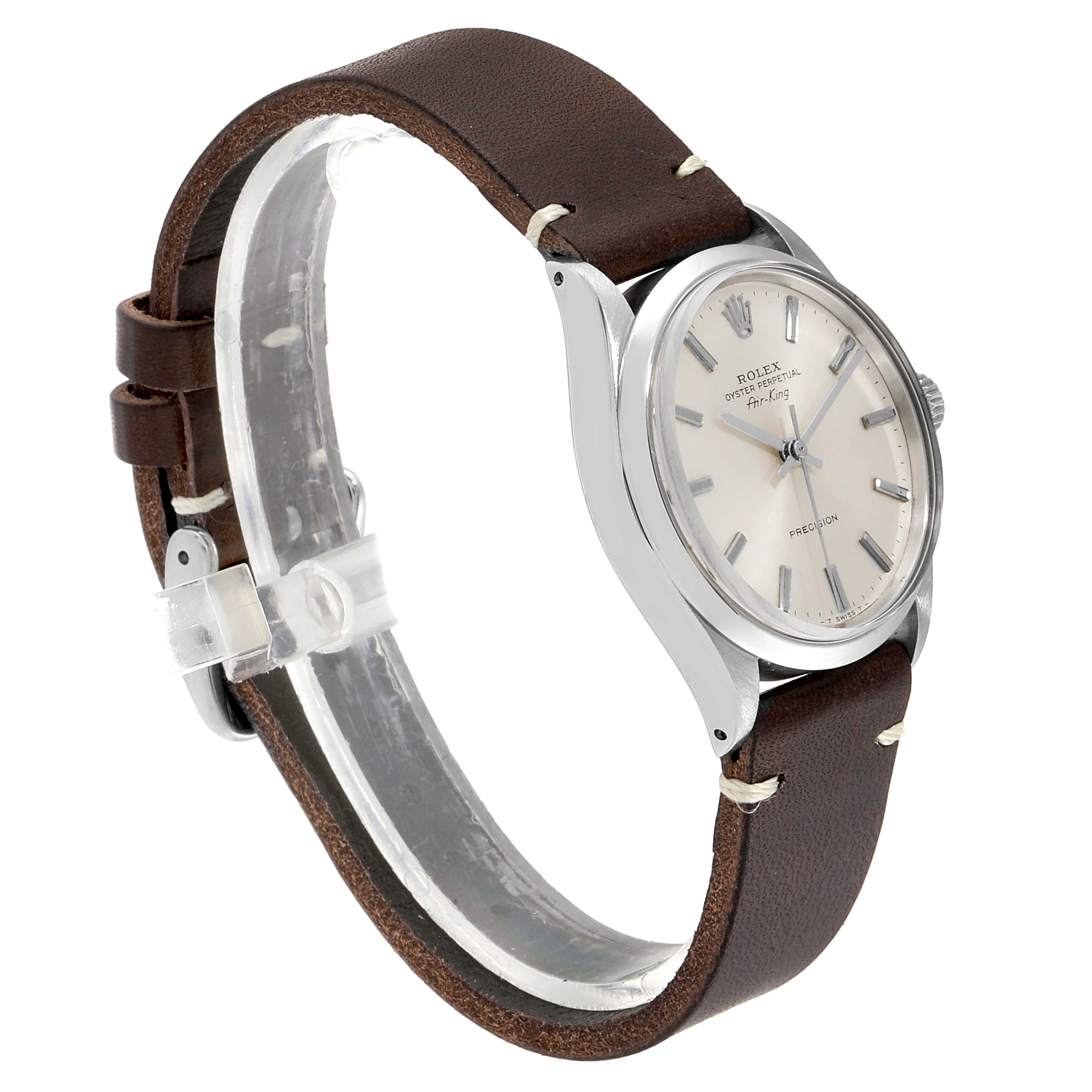 The Rolex Vintage Collection 5500 Men
s Stainless Steel Silver Dial 5500 Men
s Stainless Steel Silver Dial model watch is shown at a side angle, highlighting its brown leather strap and silver watch face.