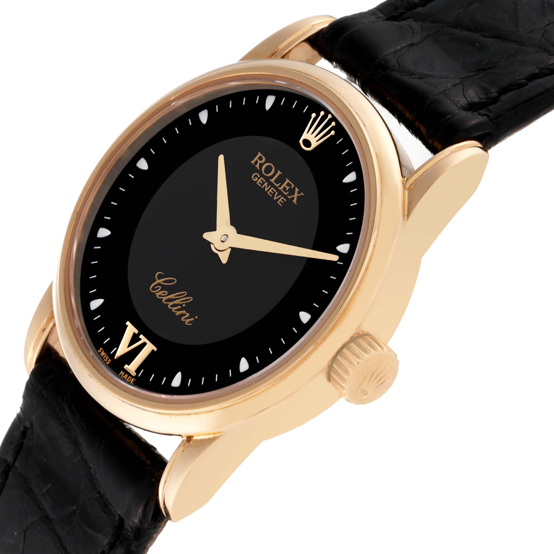 This image shows a Rolex Cellini 6111/8 Women
s Yellow Gold Black Dial 6111/8 Women
s Yellow Gold Black Dial model watch at a three-quarter angle, highlighting the face, crown, and part of the strap.