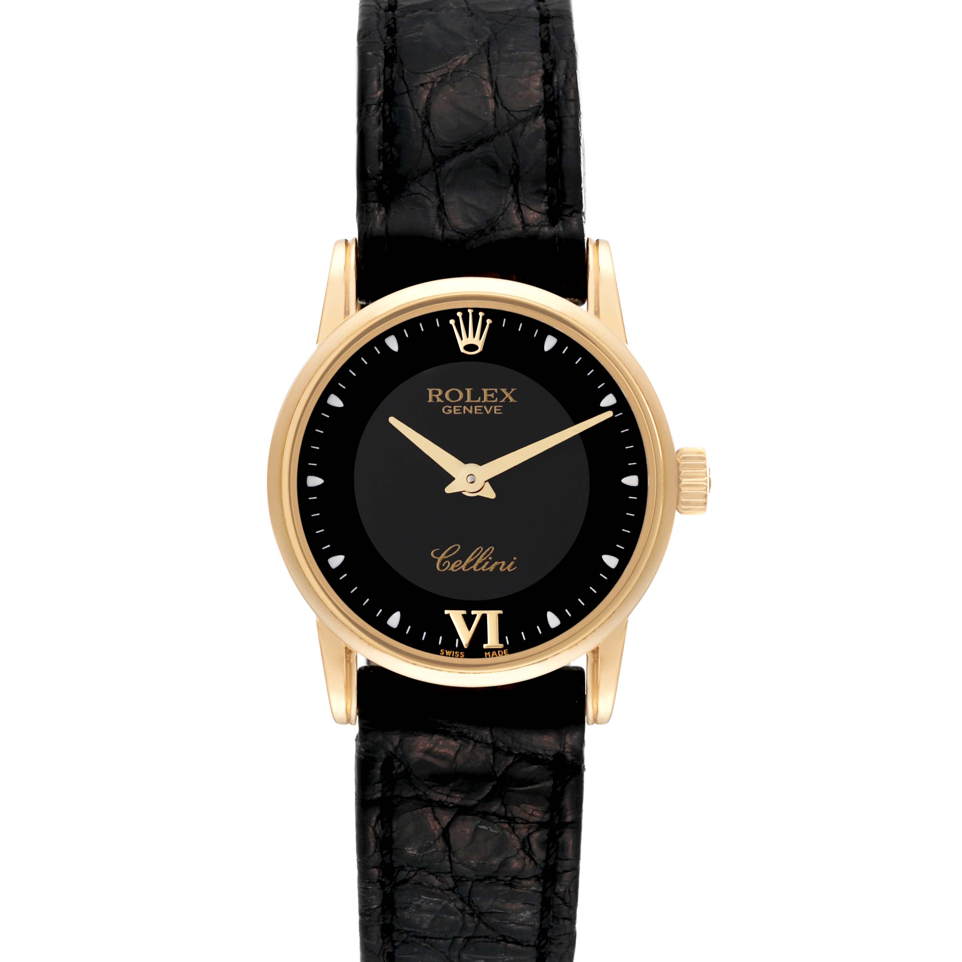 The image shows a frontal view of a Rolex Cellini 6111/8 Women
s Yellow Gold Black Dial 6111/8 Women
s Yellow Gold Black Dial model watch, highlighting its black dial, gold case, crown, and black leather strap.