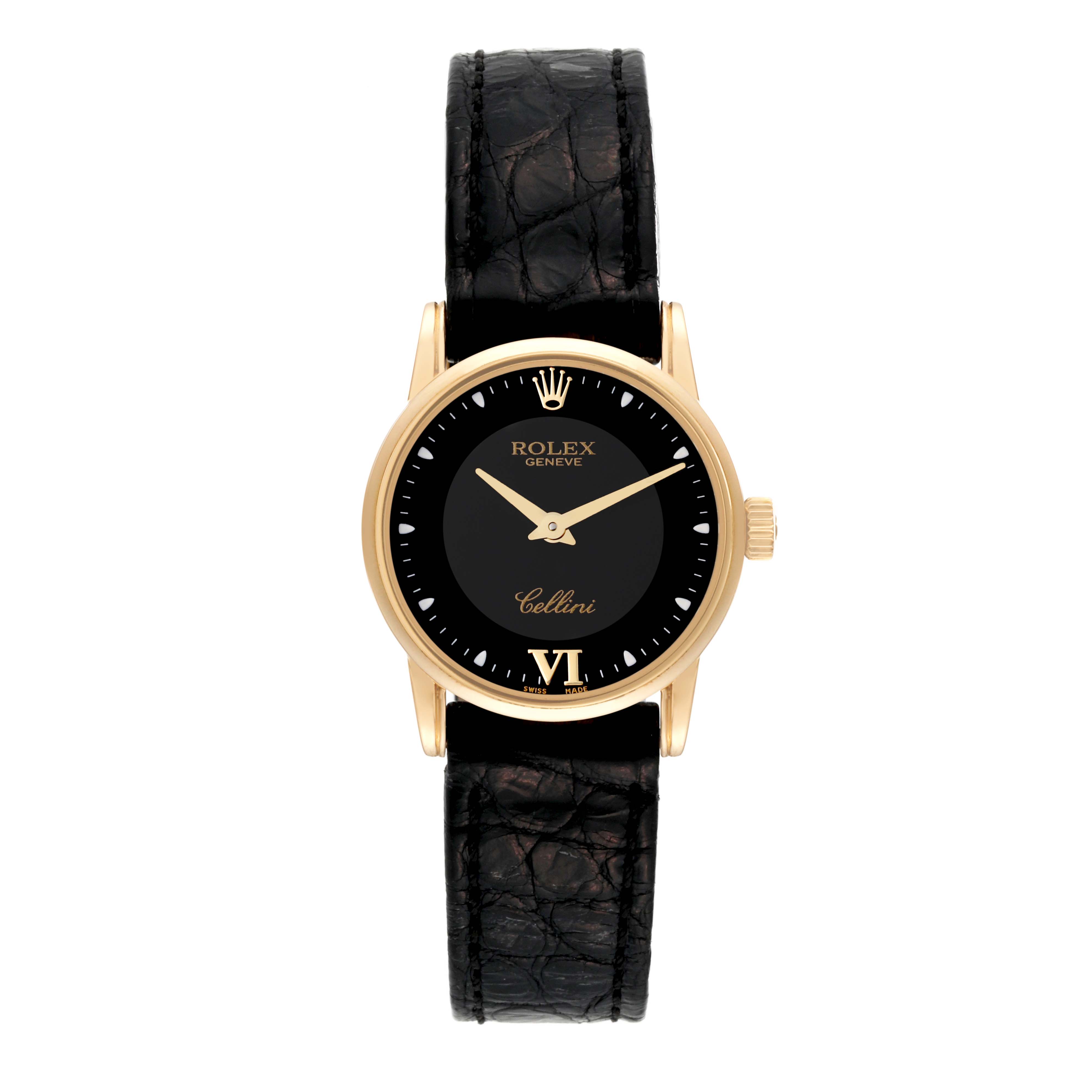 The image shows a front view of a Rolex Cellini 6111/8 Women
s Yellow Gold Black Dial 6111/8 Women
s Yellow Gold Black Dial watch with a black leather strap and a black dial.