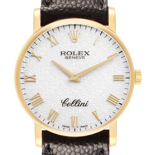 The image shows a front view of a Rolex Cellini 5115 Men's Yellow Gold Beige Dial watch, displaying the dial, hands, crown, and leather strap.