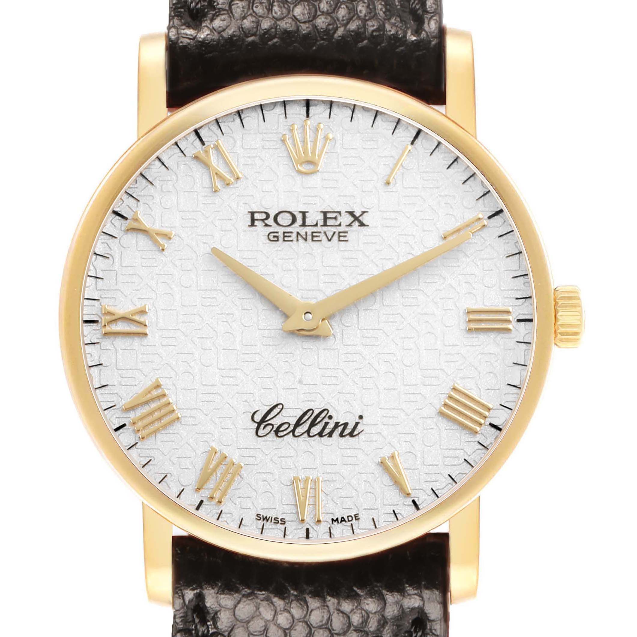 The Rolex Cellini 5115 Men's Yellow Gold Beige Dial watch is shown from the front, highlighting its dial, Roman numeral markers, and gold casing.