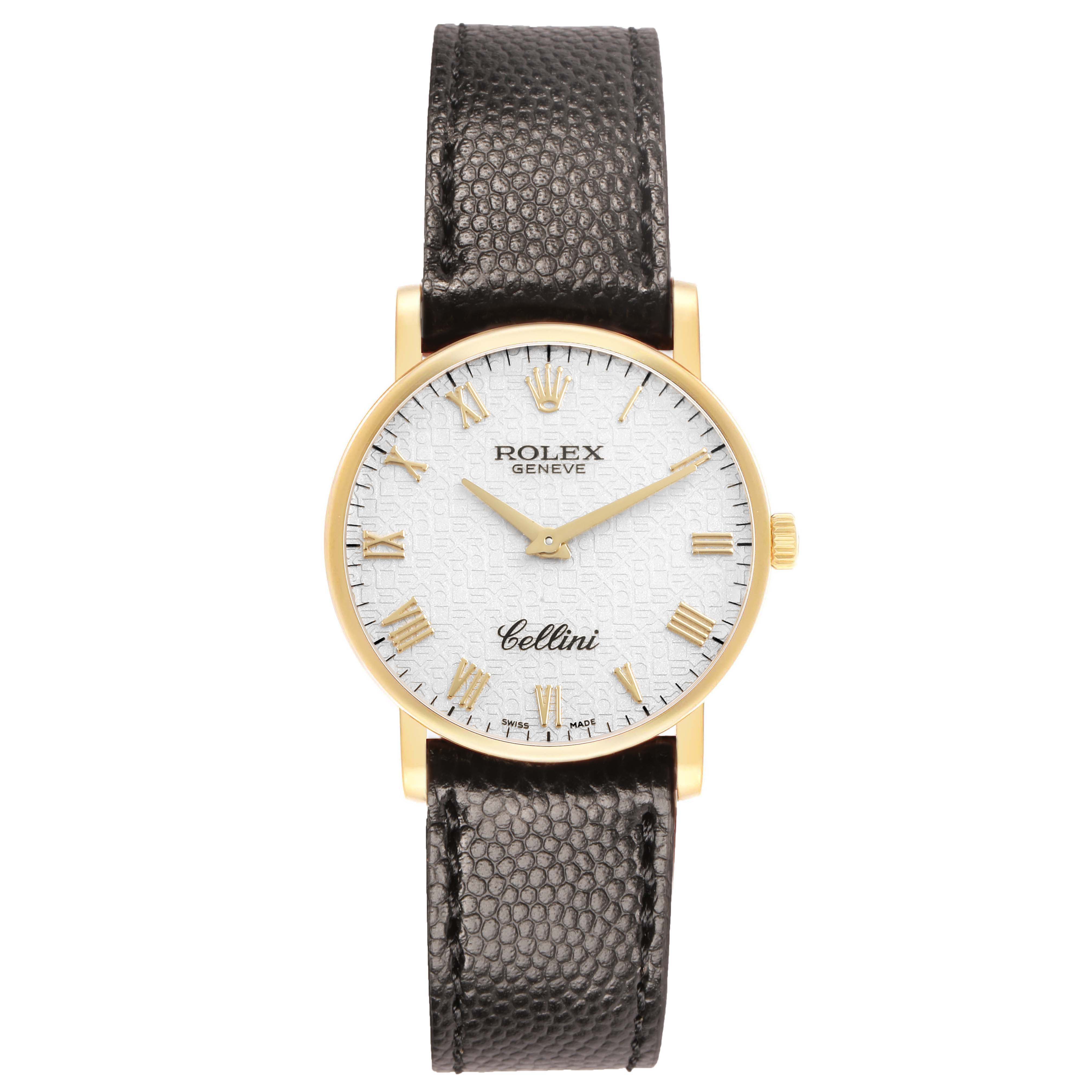 The Rolex Cellini 5115 Men's Yellow Gold Beige Dial watch is shown from a front angle, displaying the face, bezel, crown, and leather strap.