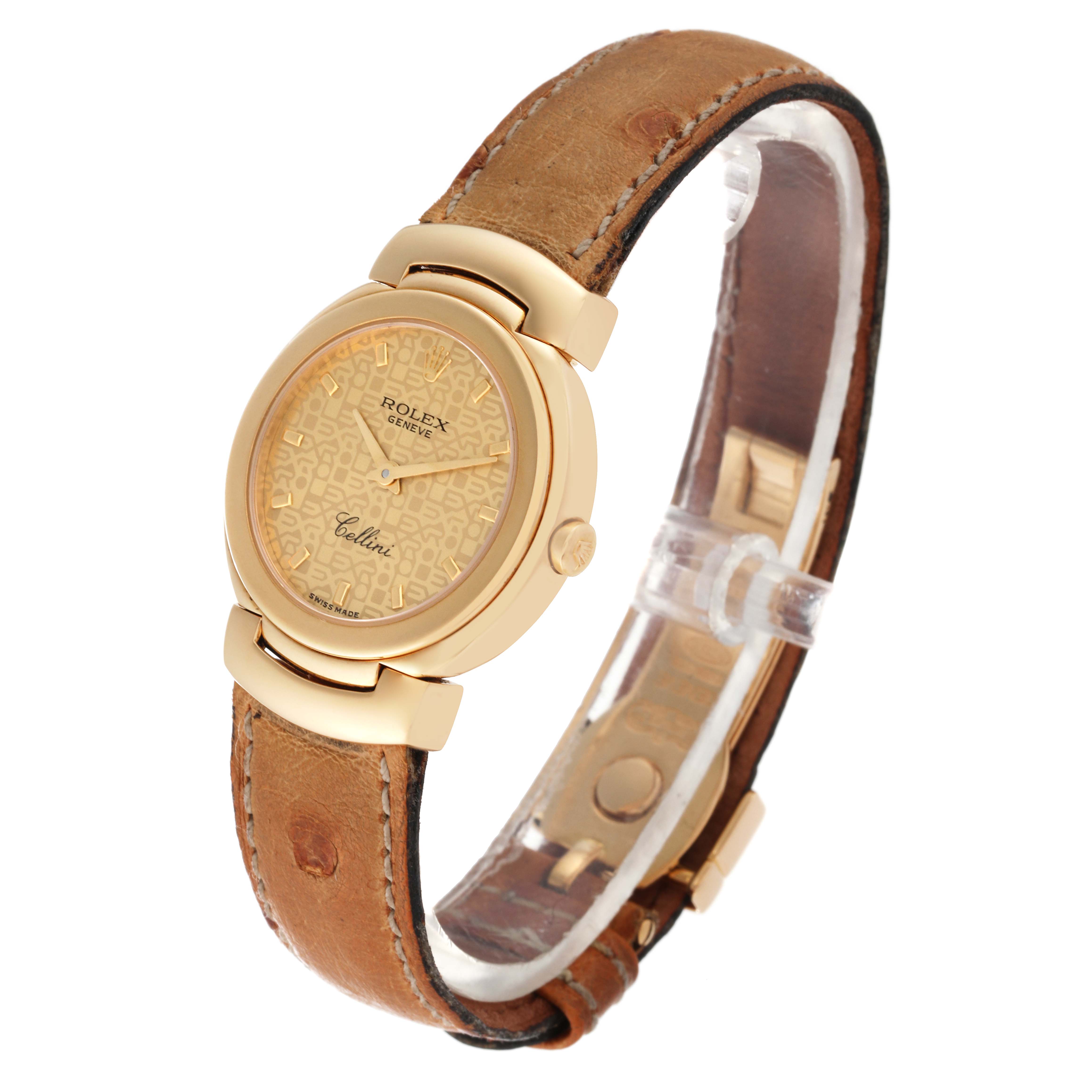 The Rolex Cellini 6621/8 Women's Yellow Gold Champagne Dial 6621/8 Women's Yellow Gold Champagne Dial watch is shown at an angled side view, highlighting its leather strap and gold dial.