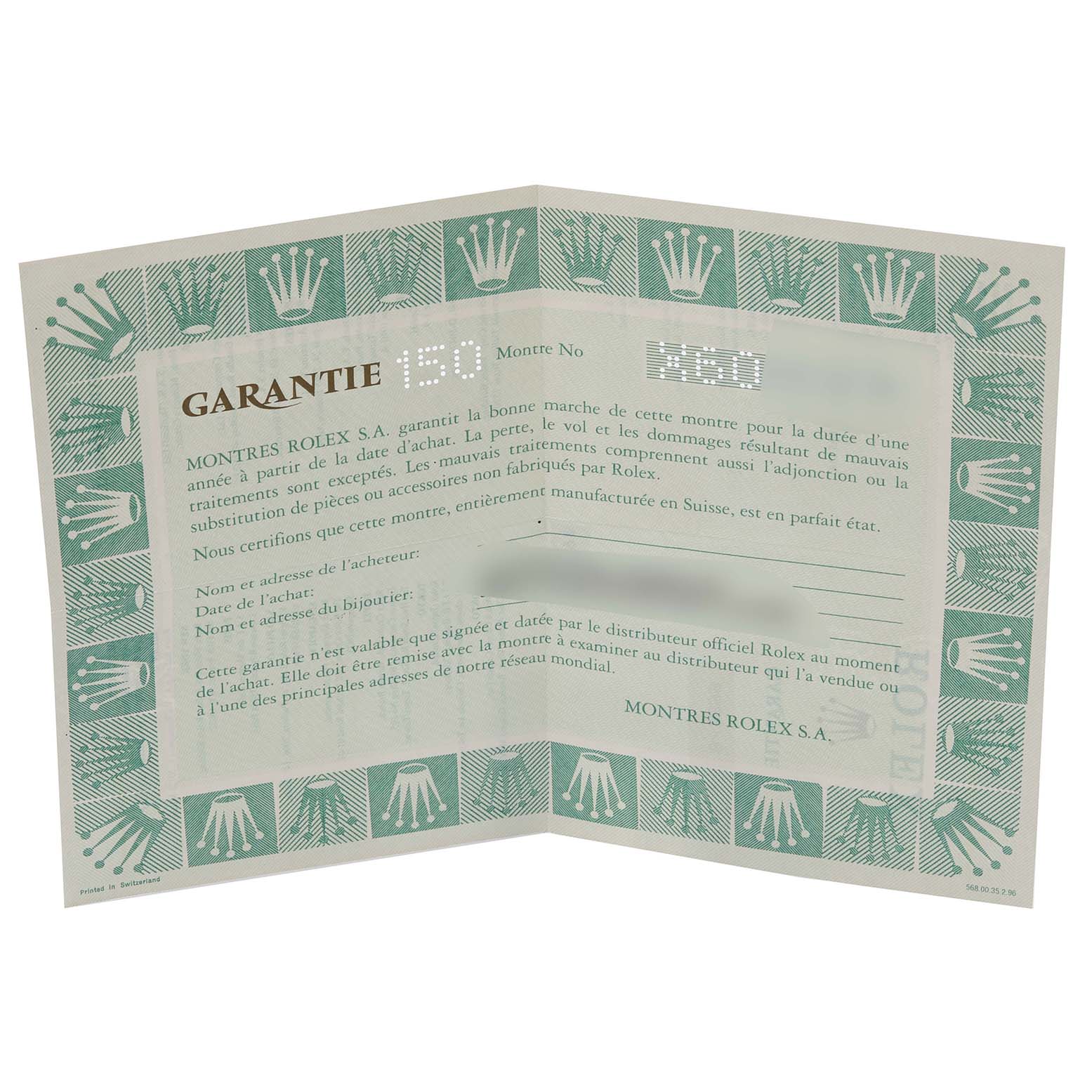 The image shows a warranty certificate for the Rolex Cellini 6621/8 Women's Yellow Gold Champagne Dial 6621/8 Women's Yellow Gold Champagne Dial model, displaying the details and branding.