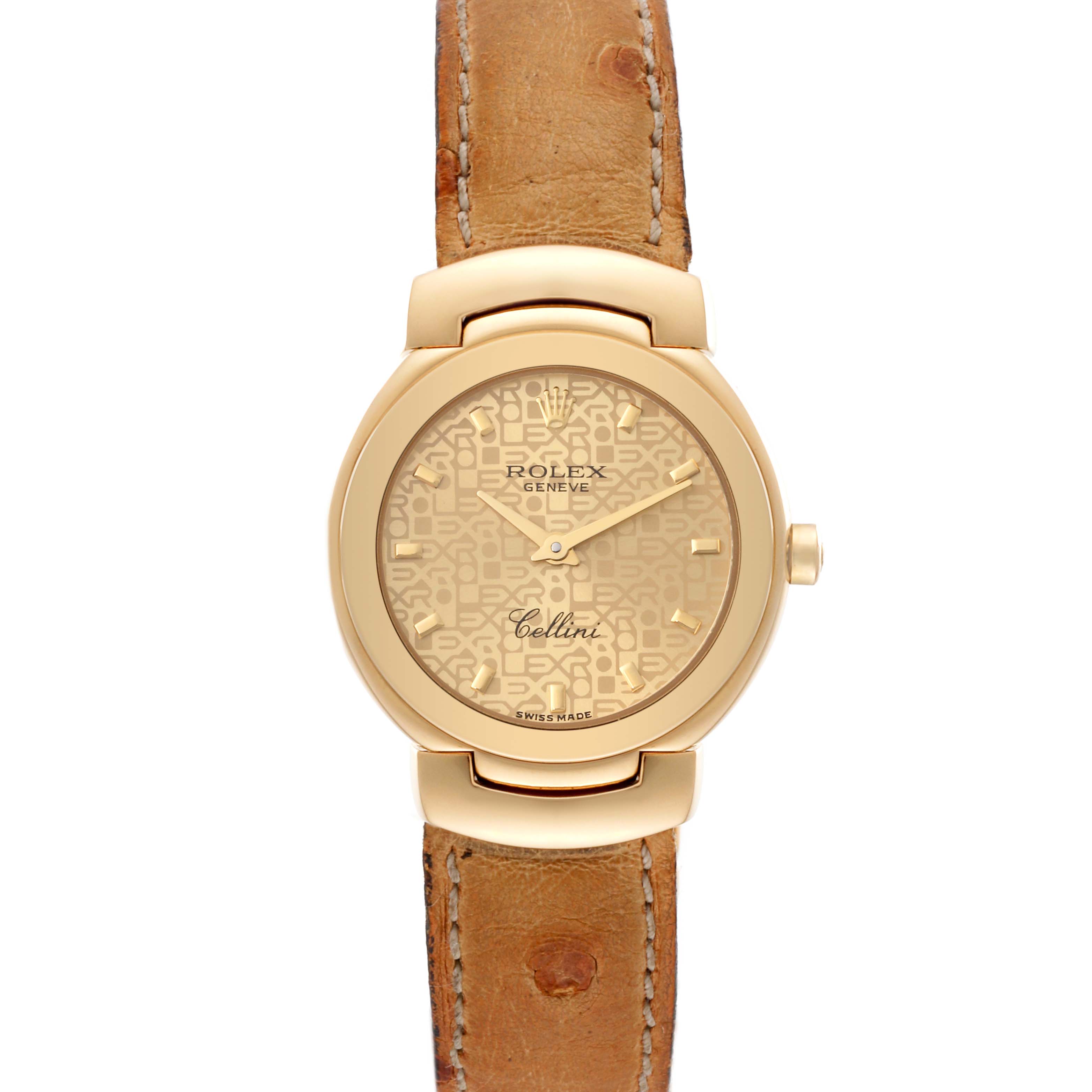 The Rolex Cellini 6621/8 Women's Yellow Gold Champagne Dial 6621/8 Women's Yellow Gold Champagne Dial watch is shown head-on, displaying the dial, hands, crown, and leather strap.