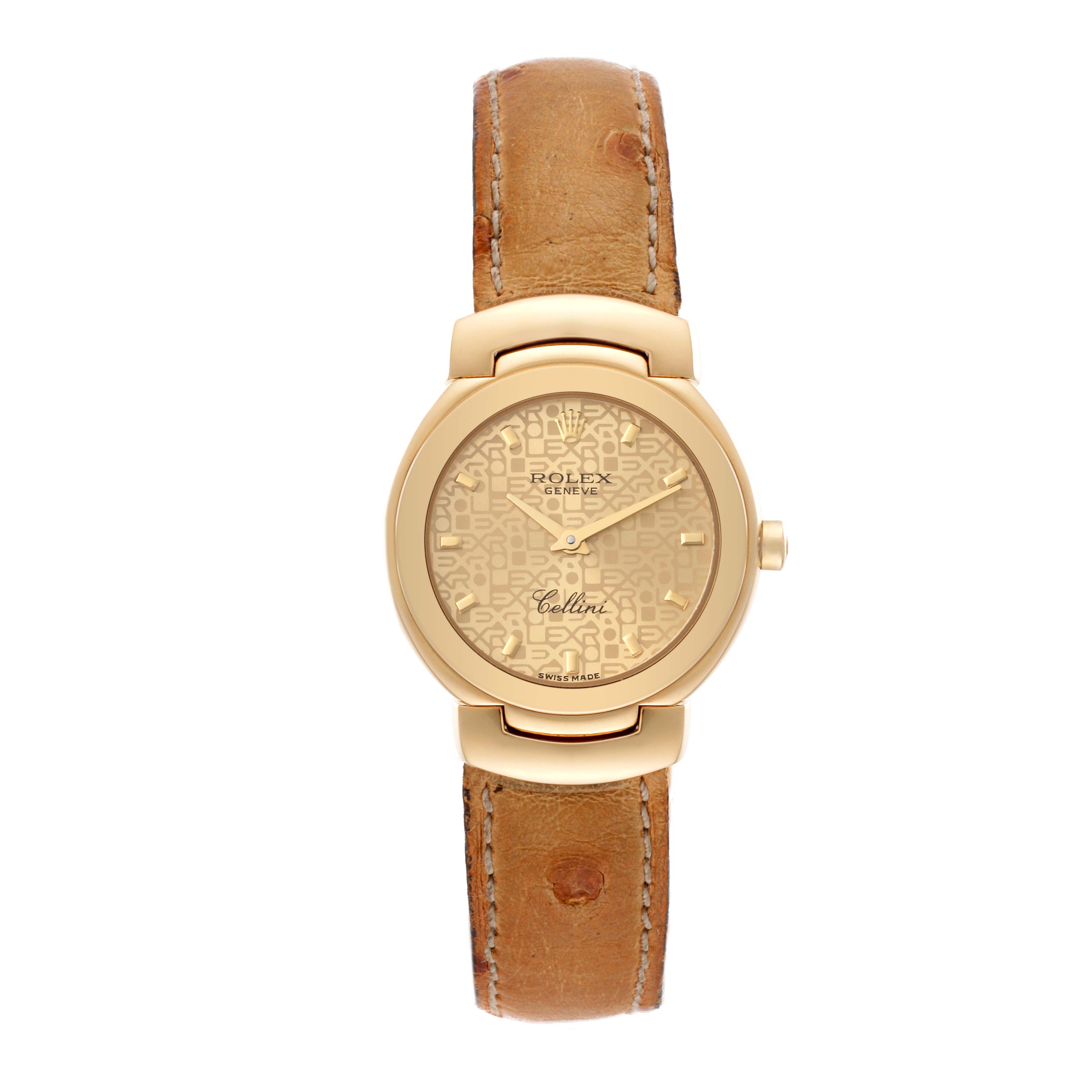 The Rolex Cellini 6621/8 Women's Yellow Gold Champagne Dial 6621/8 Women's Yellow Gold Champagne Dial watch is shown from a top-down angle, displaying the face, bezel, and leather strap.