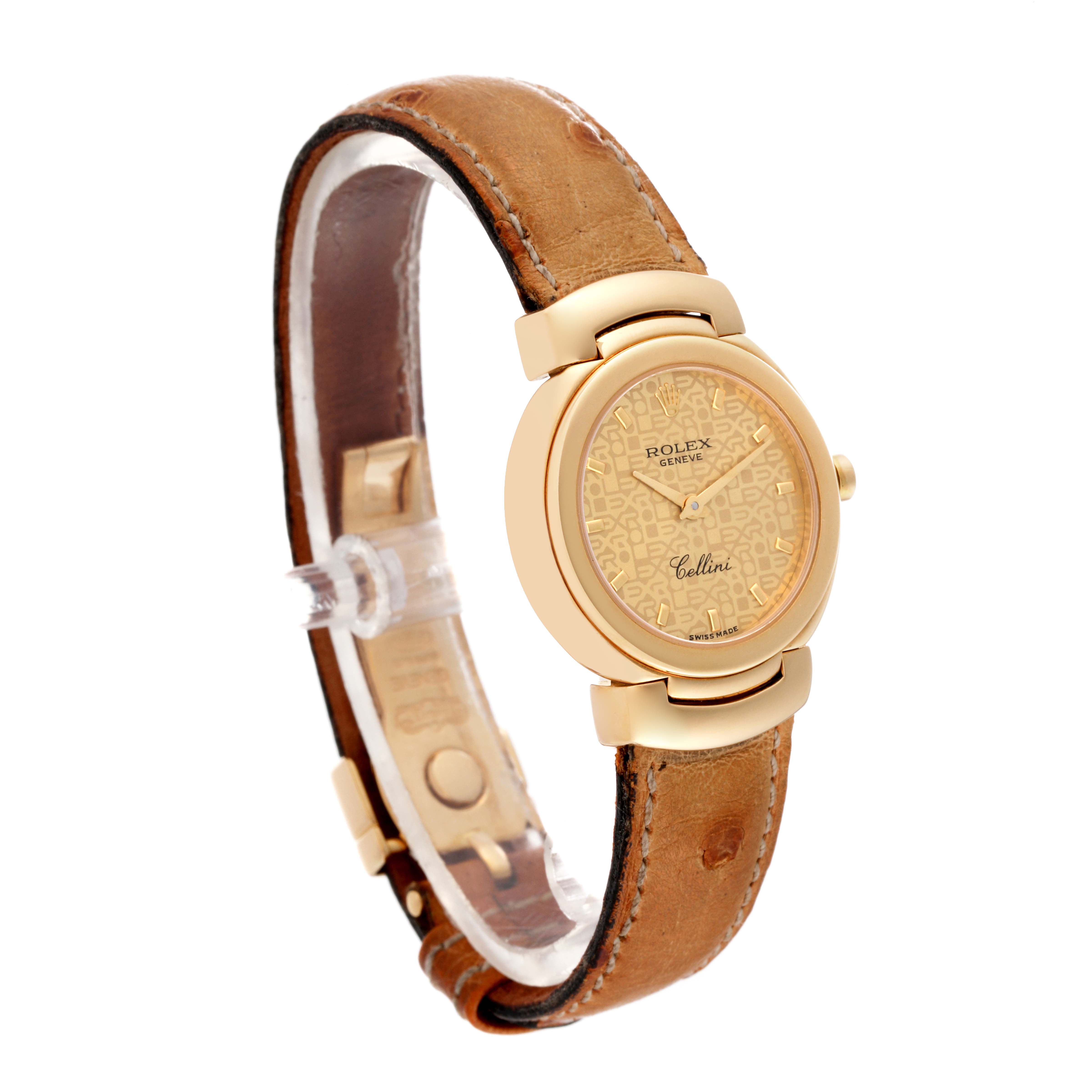 This image shows a Rolex Cellini 6621/8 Women's Yellow Gold Champagne Dial 6621/8 Women's Yellow Gold Champagne Dial watch at a slight side angle, highlighting its golden face and brown leather strap.