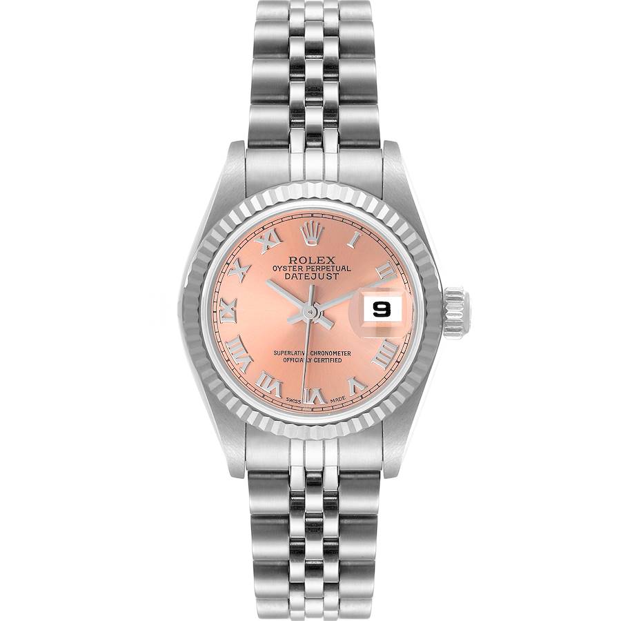 The Rolex Datejust watch is shown from the front, displaying the dial, hands, date window, and bracelet.