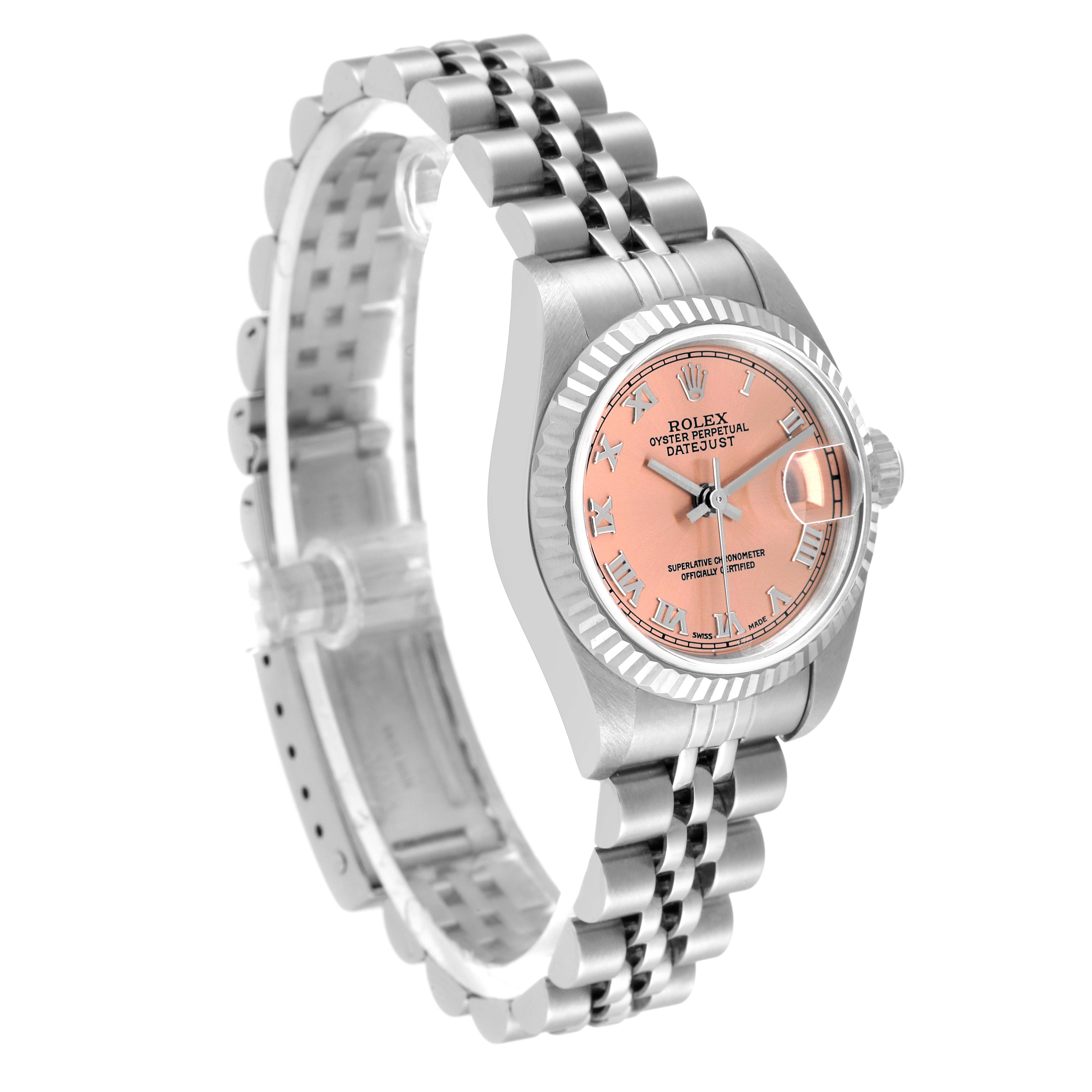 The Rolex Datejust 79174 Women
s Stainless Steel Pink Dial 79174 Women
s Stainless Steel Pink Dial watch is shown at an angle highlighting the face, bezel, and bracelet.