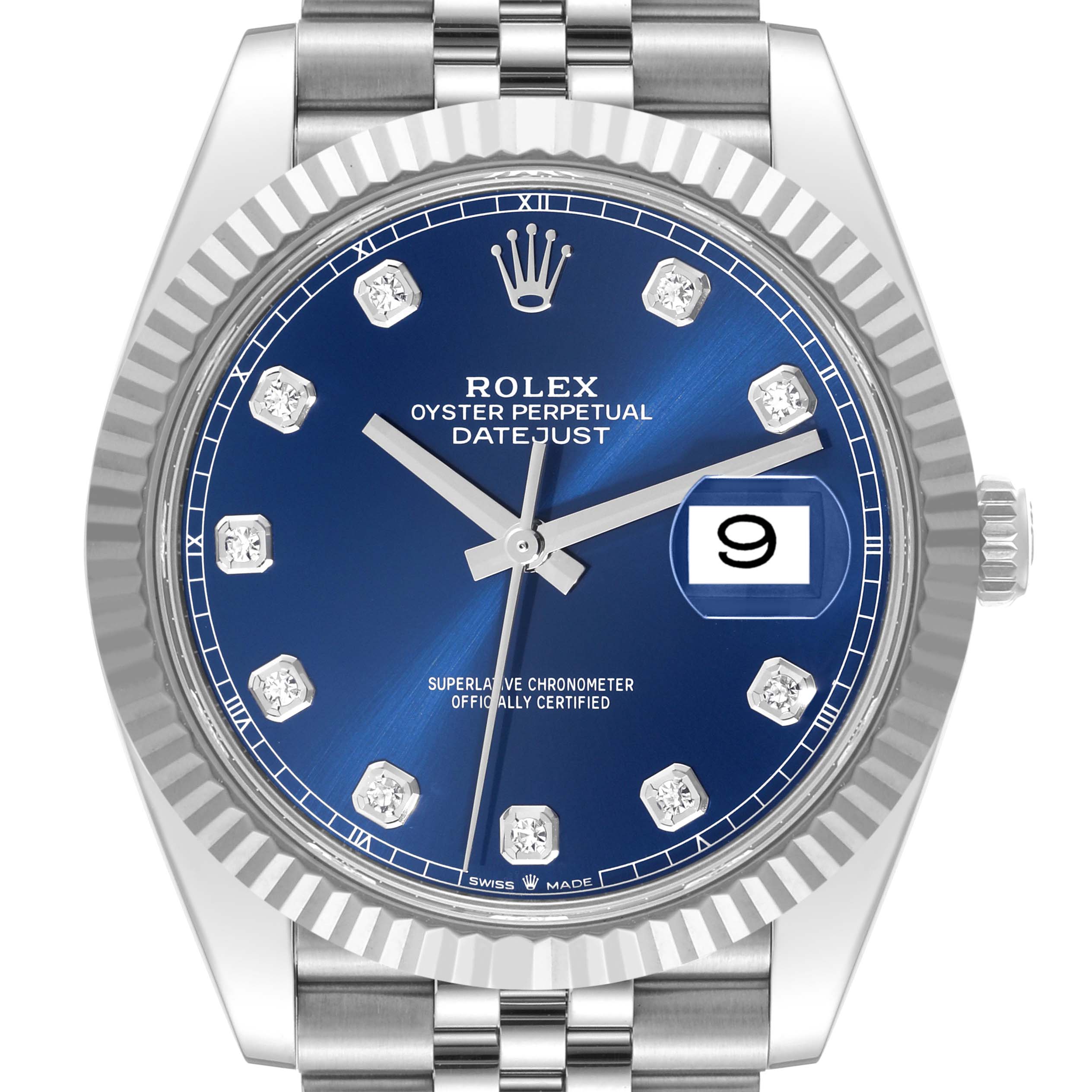 This image shows a front view of the Rolex Datejust 41 126334 Men
s Stainless Steel Blue Dial 126334 Men
s Stainless Steel Blue Dial watch, highlighting its blue dial, date window, and Jubilee bracelet.