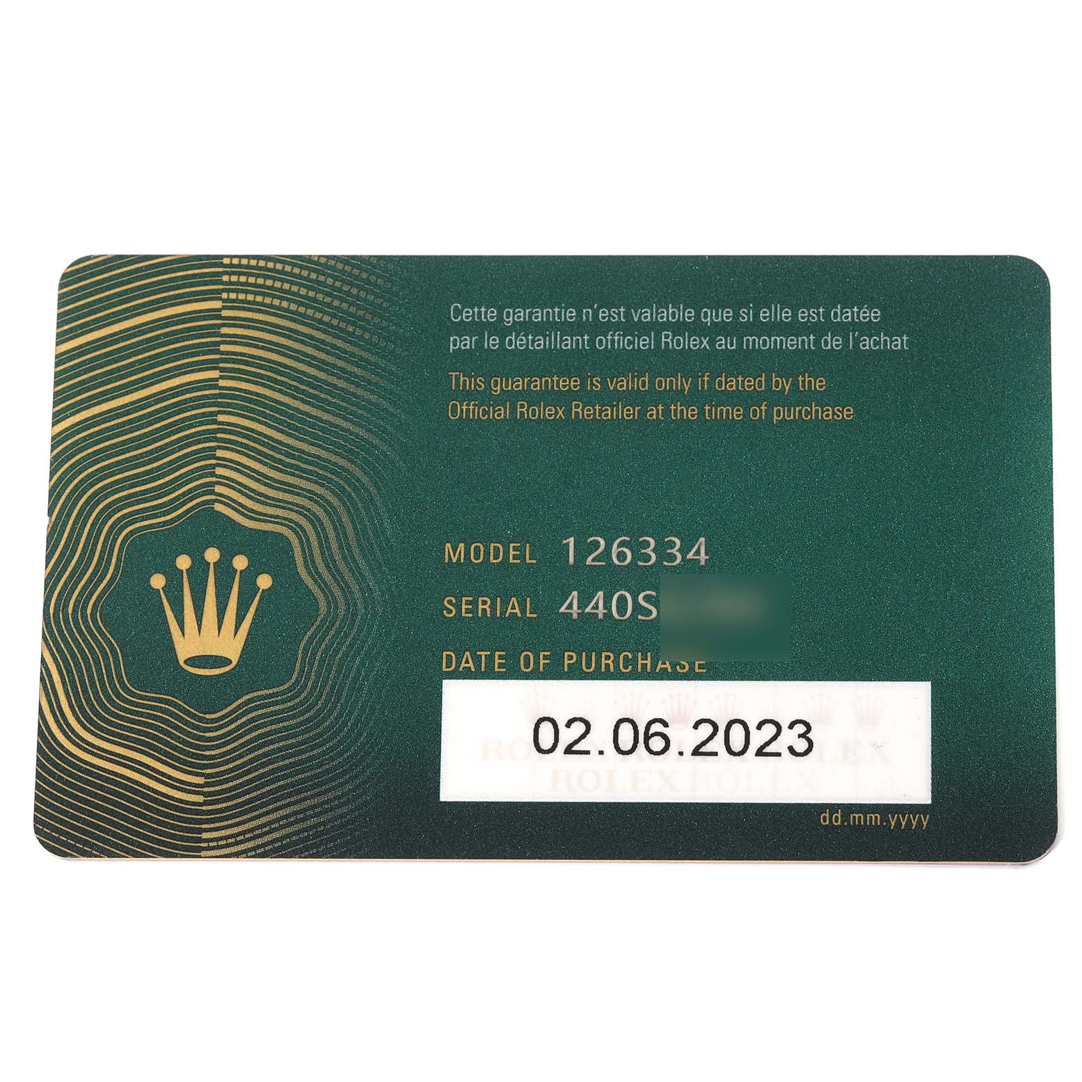 This image shows a warranty card for a Rolex Datejust 41 126334 Men
s Stainless Steel Blue Dial 126334 Men
s Stainless Steel Blue Dial model 126334.