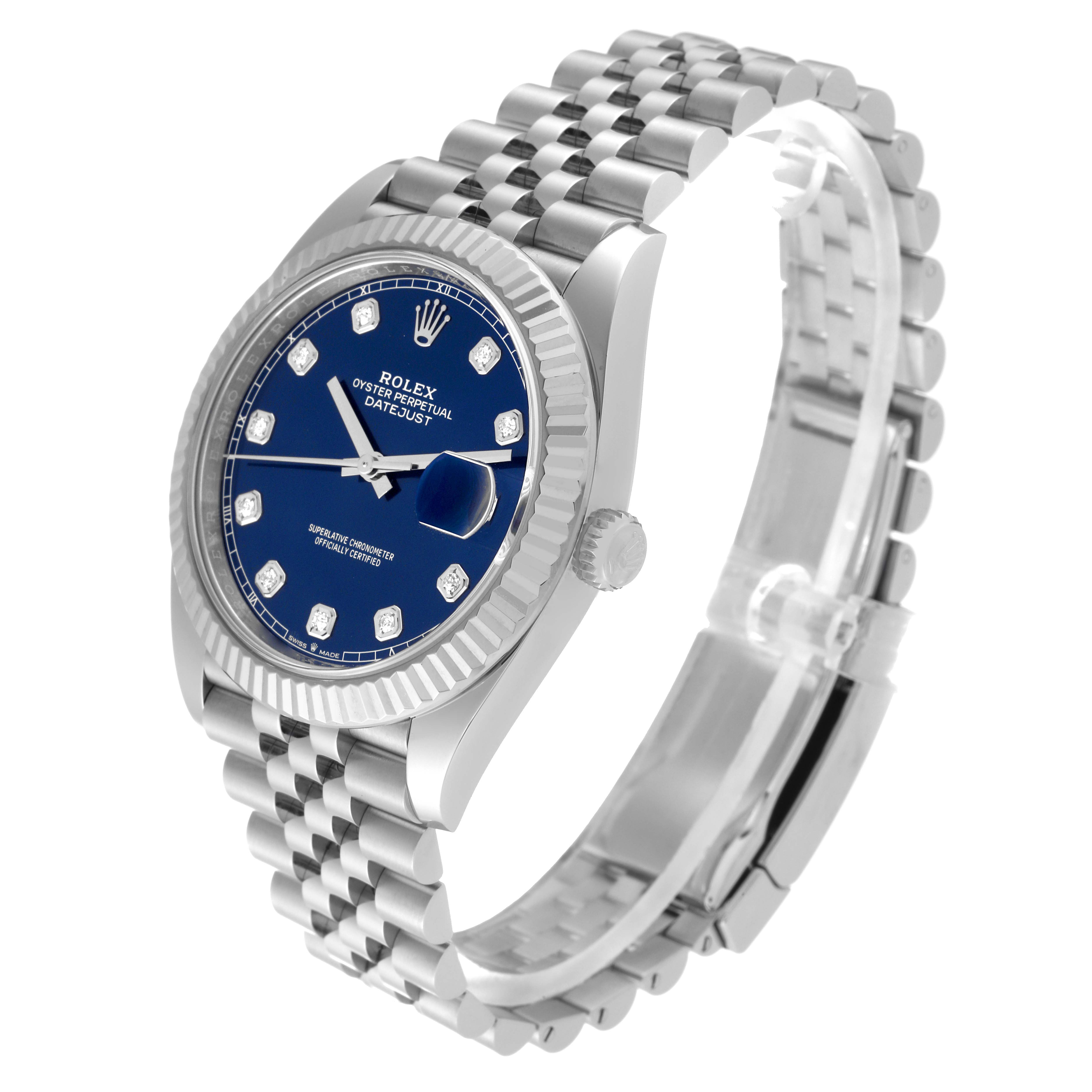 The image shows a side and front view of the Rolex Datejust 41 126334 Men
s Stainless Steel Blue Dial 126334 Men
s Stainless Steel Blue Dial watch, highlighting its blue dial, date window, and Jubilee bracelet.