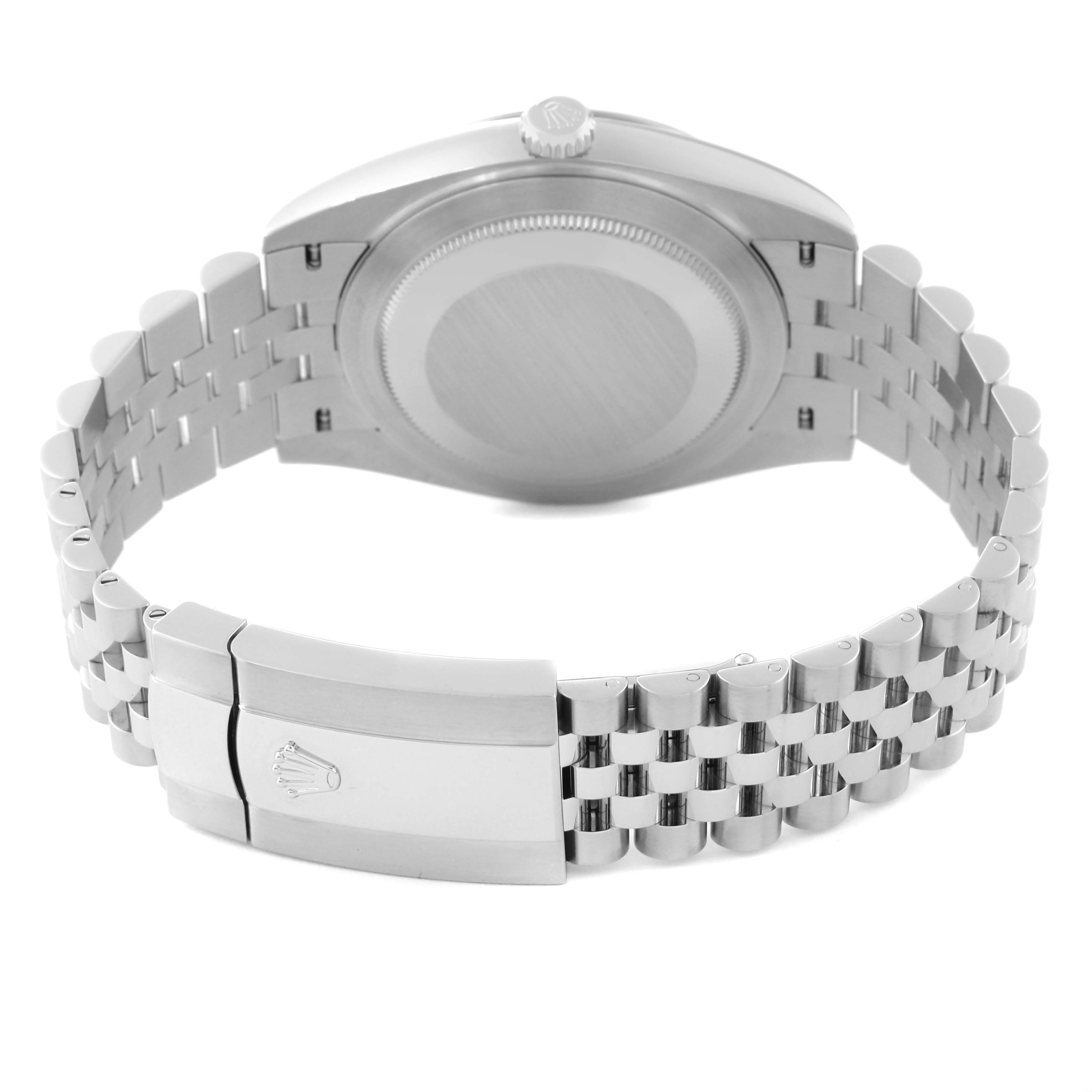 The image shows a rear view of the Rolex Datejust 41 126334 Men
s Stainless Steel Blue Dial 126334 Men
s Stainless Steel Blue Dial watch, highlighting the case back, crown, and the Jubilee bracelet with clasp.