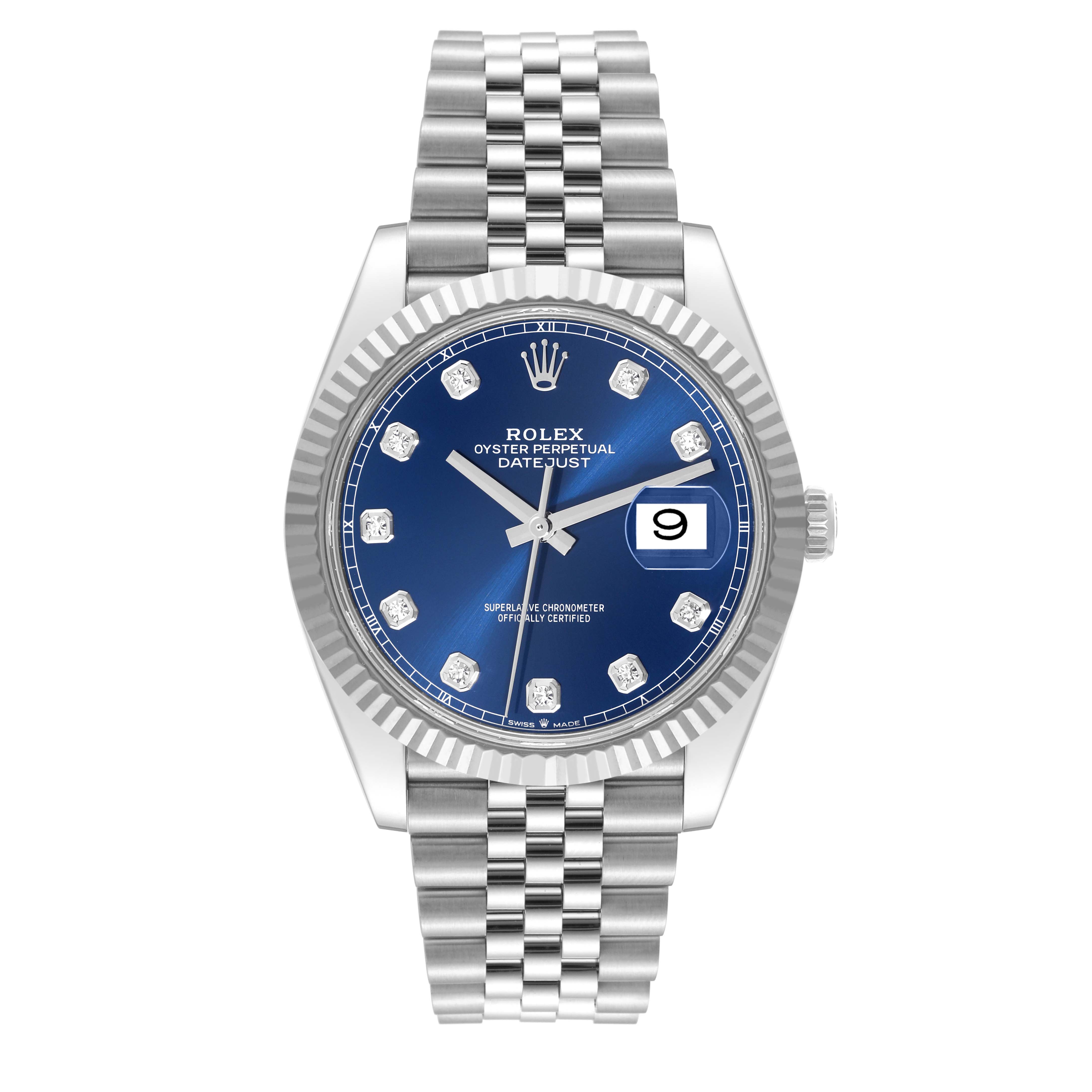 The image shows a Rolex Datejust 41 126334 Men
s Stainless Steel Blue Dial 126334 Men
s Stainless Steel Blue Dial watch from a front angle, highlighting its blue dial, date display, and jubilee bracelet.
