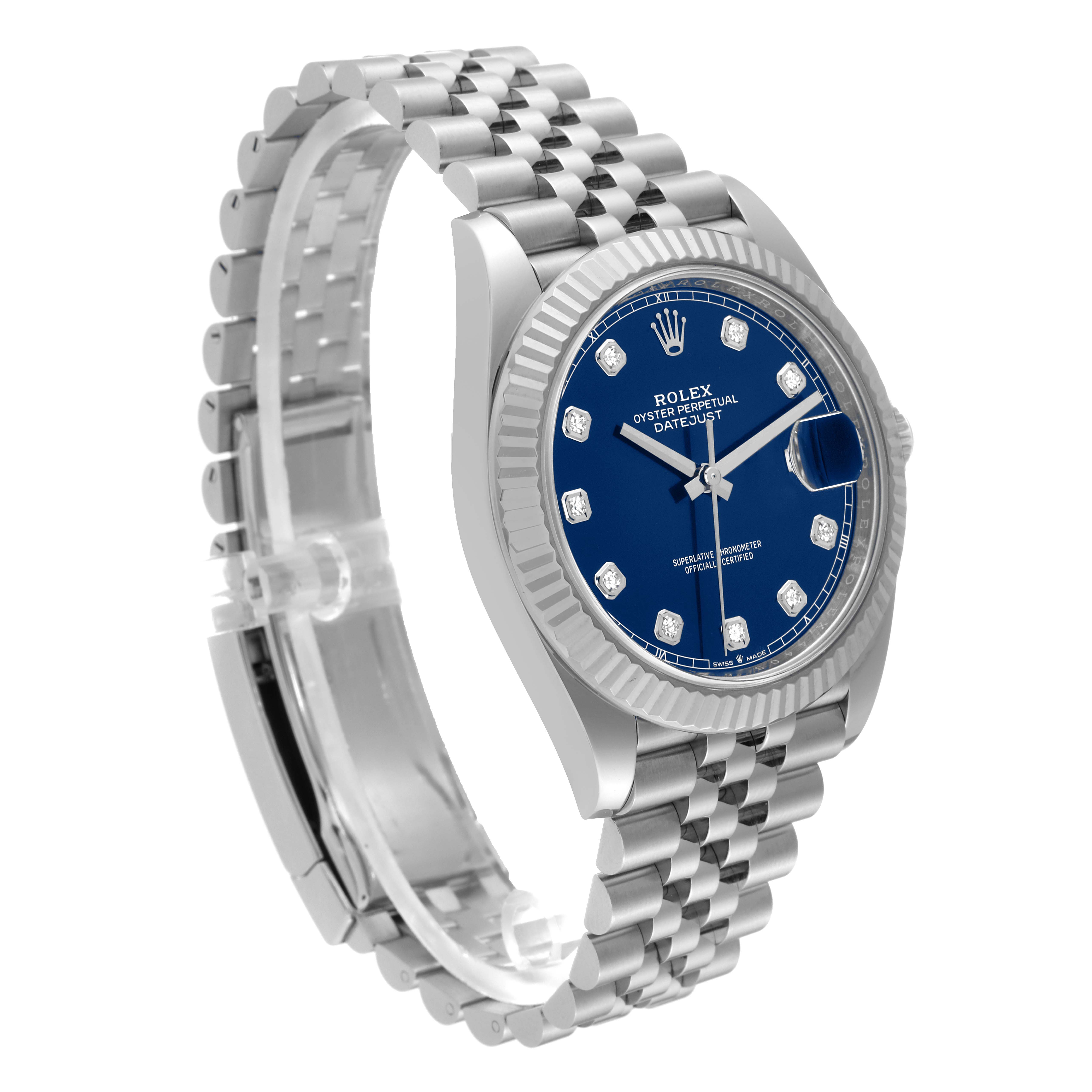 This image shows a side and front angle of the Rolex Datejust 41 126334 Men
s Stainless Steel Blue Dial 126334 Men
s Stainless Steel Blue Dial, highlighting its blue dial, fluted bezel, and Jubilee bracelet.