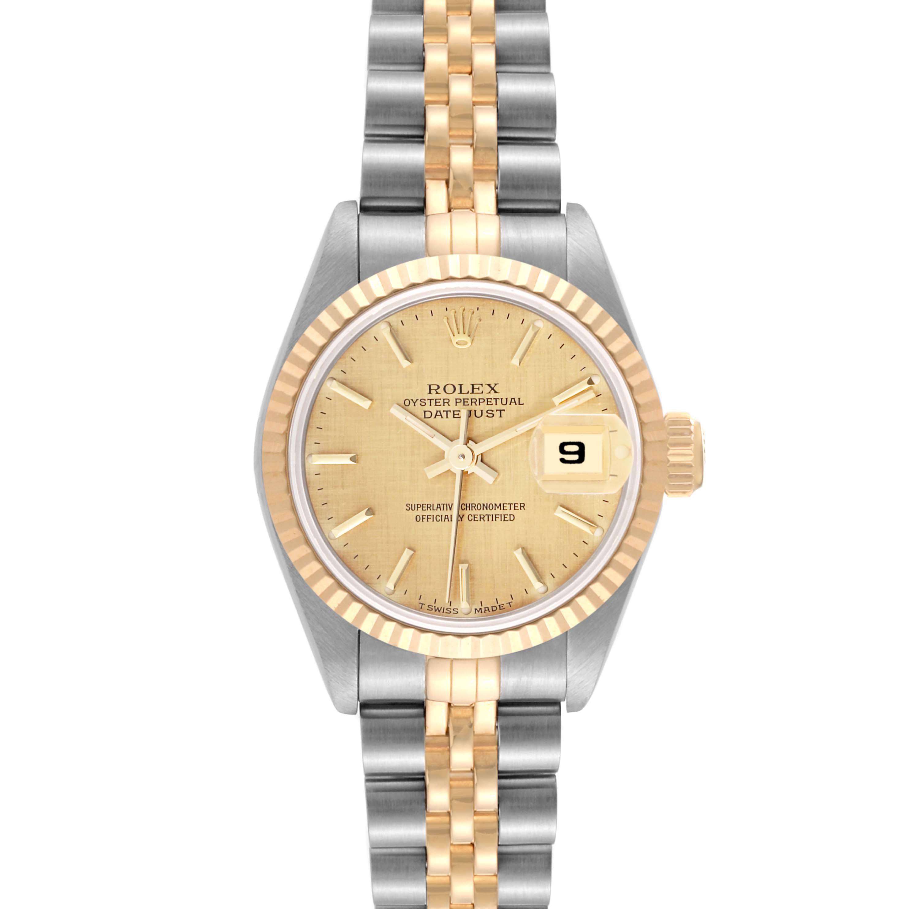 This image shows a front view of the Rolex Datejust 69173 Women's Steel and Gold (two tone) Champagne Dial 69173 Women's Steel and Gold (two tone) Champagne Dial watch with a two-tone bracelet and a champagne dial.
