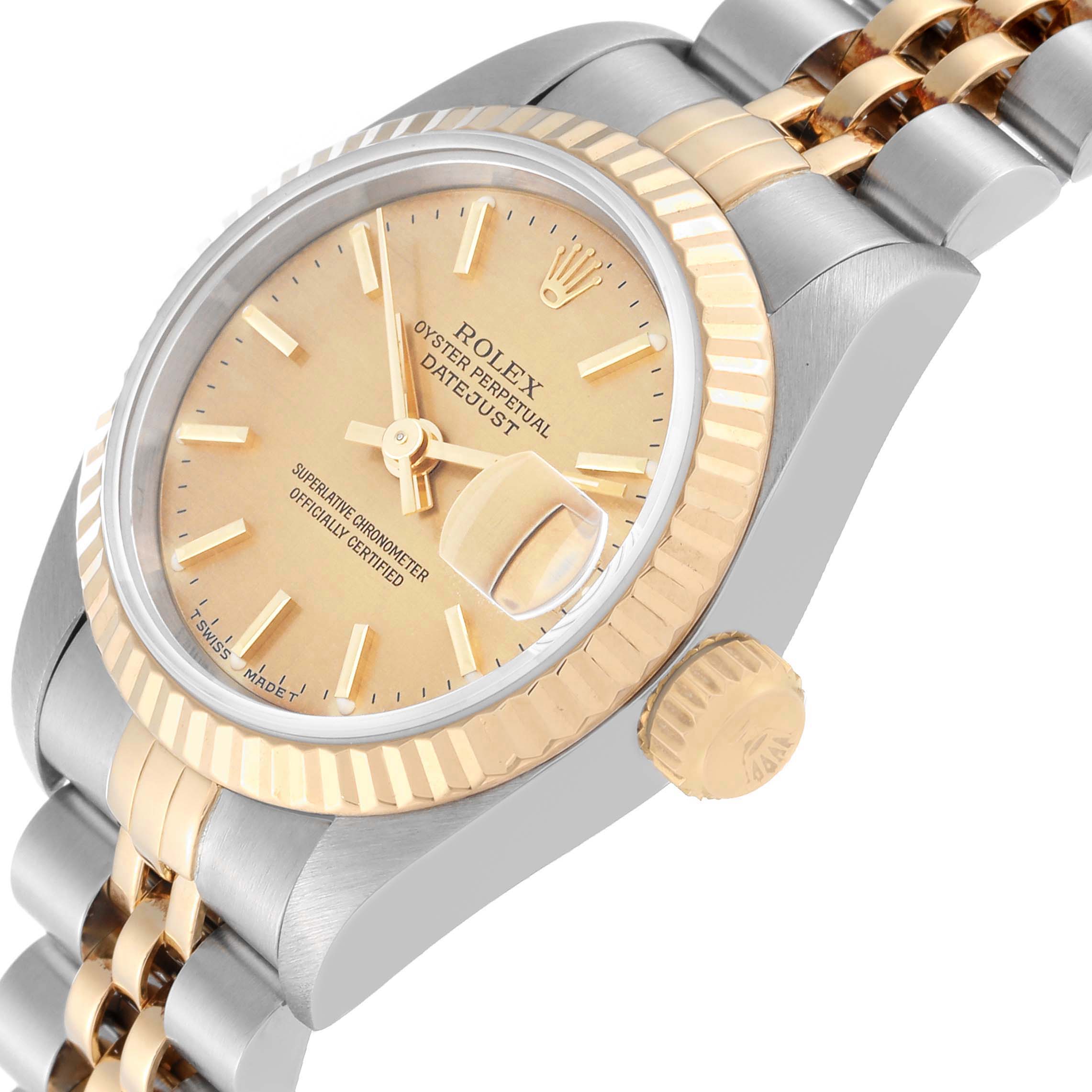 This image shows a close-up angle of the Rolex Datejust 69173 Women's Steel and Gold (two tone) Champagne Dial 69173 Women's Steel and Gold (two tone) Champagne Dial watch, highlighting its dial, bezel, crown, and part of the bracelet.