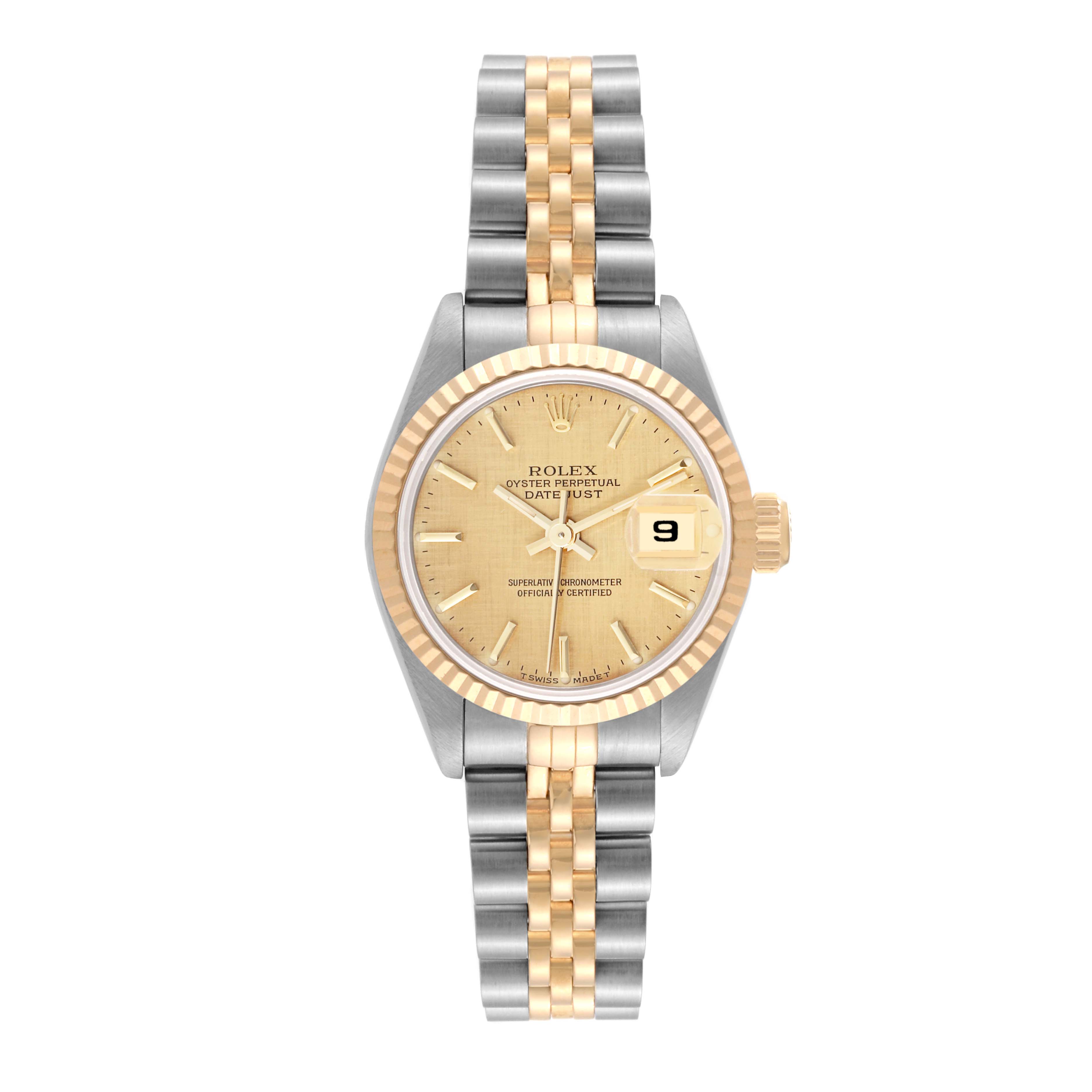 This image shows a frontal view of a Rolex Datejust 69173 Women's Steel and Gold (two tone) Champagne Dial 69173 Women's Steel and Gold (two tone) Champagne Dial watch, featuring its dial, bezel, and two-tone bracelet.