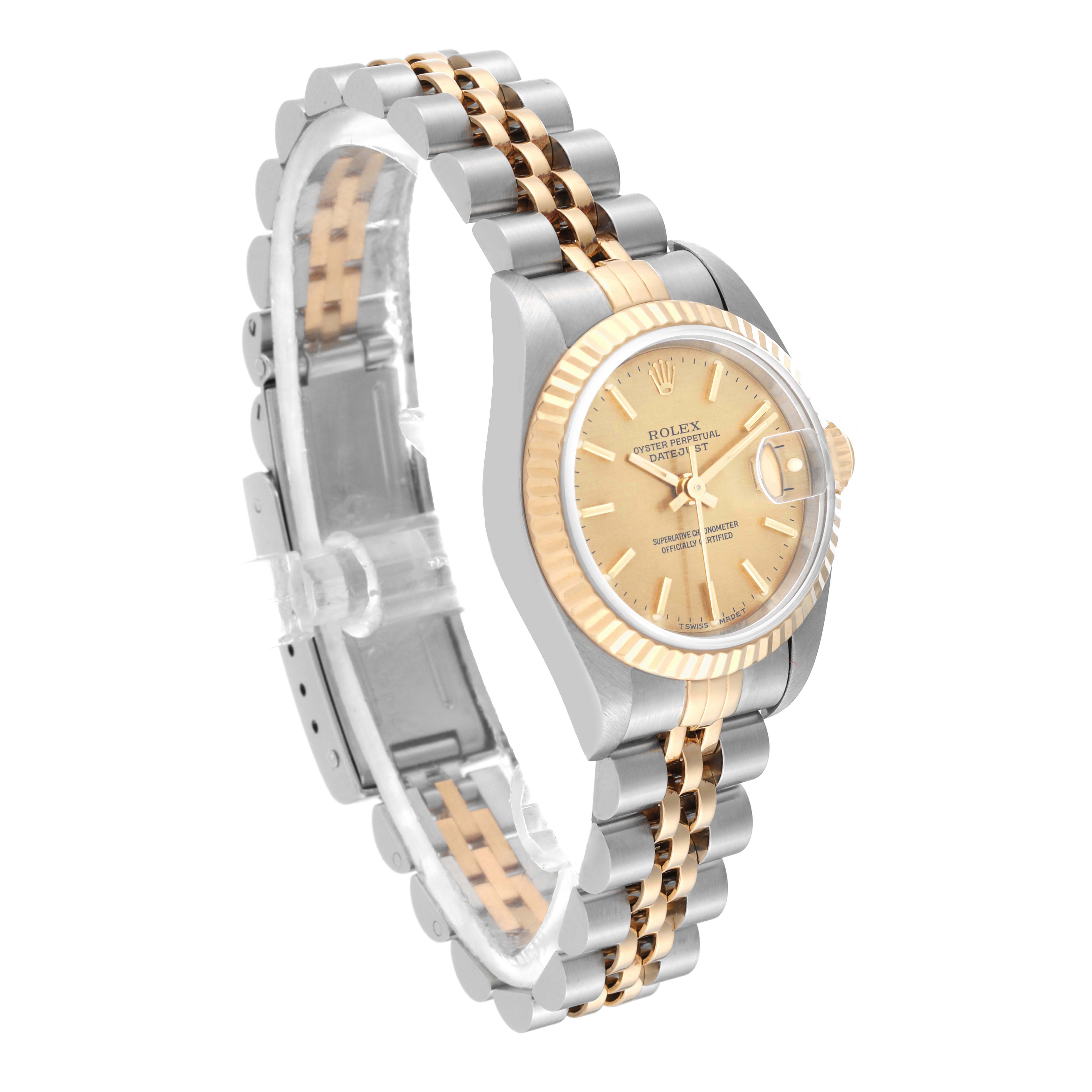 This image shows a Rolex Datejust 69173 Women's Steel and Gold (two tone) Champagne Dial 69173 Women's Steel and Gold (two tone) Champagne Dial watch at a slight right angle, displaying the face, bezel, bracelet, and clasp.