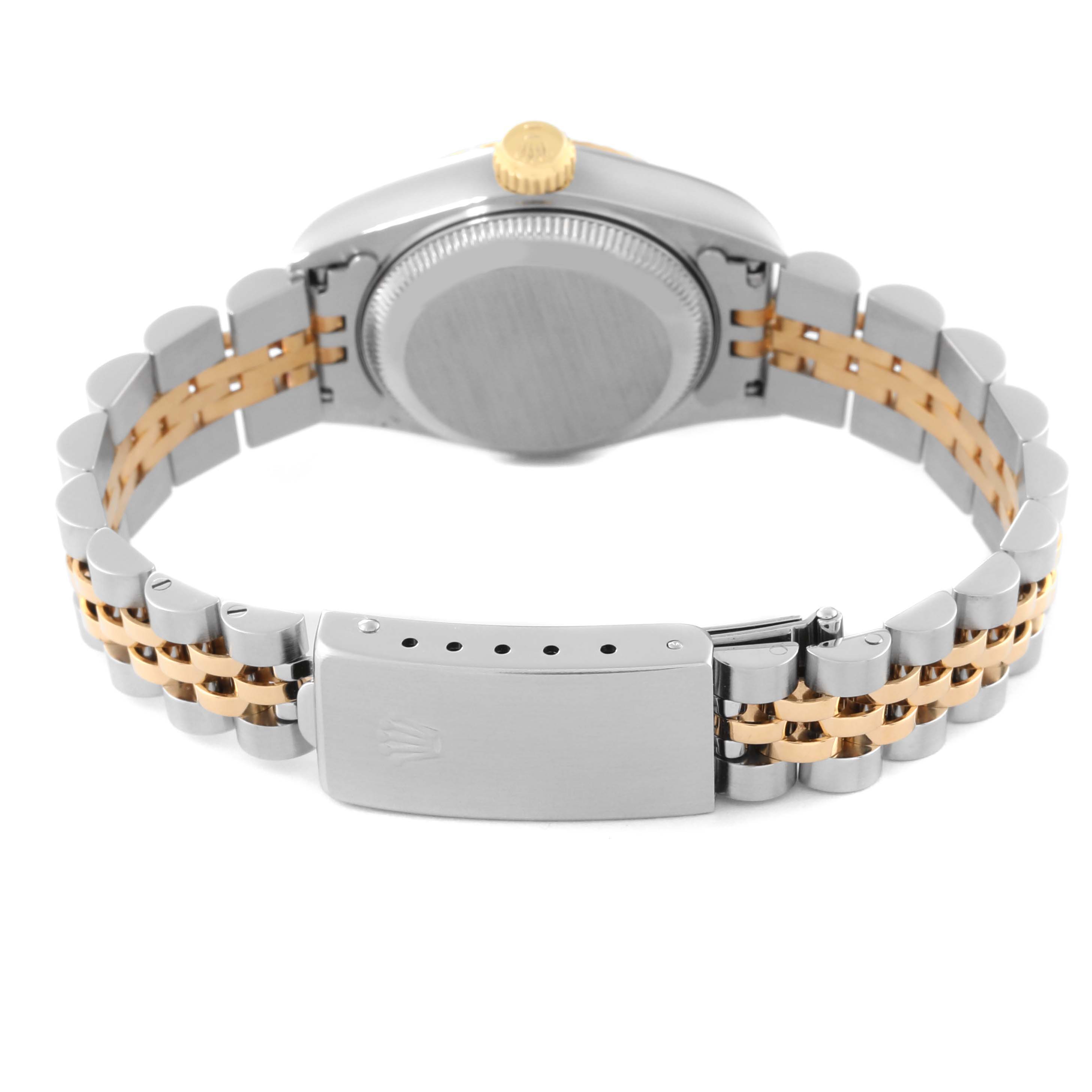 The image shows the rear view of a Rolex Datejust 69173 Women's Steel and Gold (two tone) Champagne Dial 69173 Women's Steel and Gold (two tone) Champagne Dial watch, focusing on its case back, crown, and Jubilee bracelet.