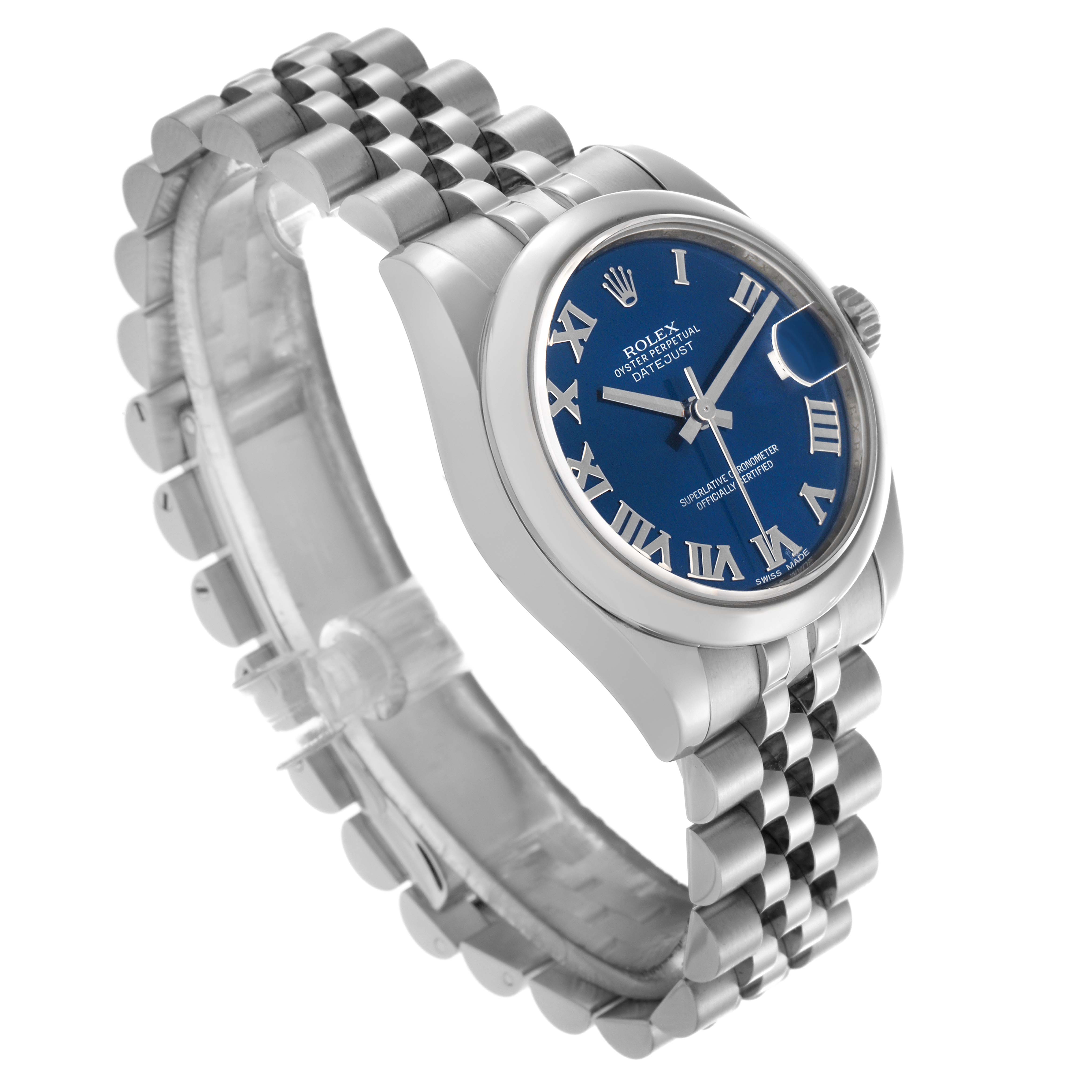 The Rolex Mid-Size 178240 Women
s Stainless Steel Blue Dial 178240 Women
s Stainless Steel Blue Dial model is shown at a three-quarter angle, highlighting the blue dial, Roman numerals, and Jubilee bracelet.