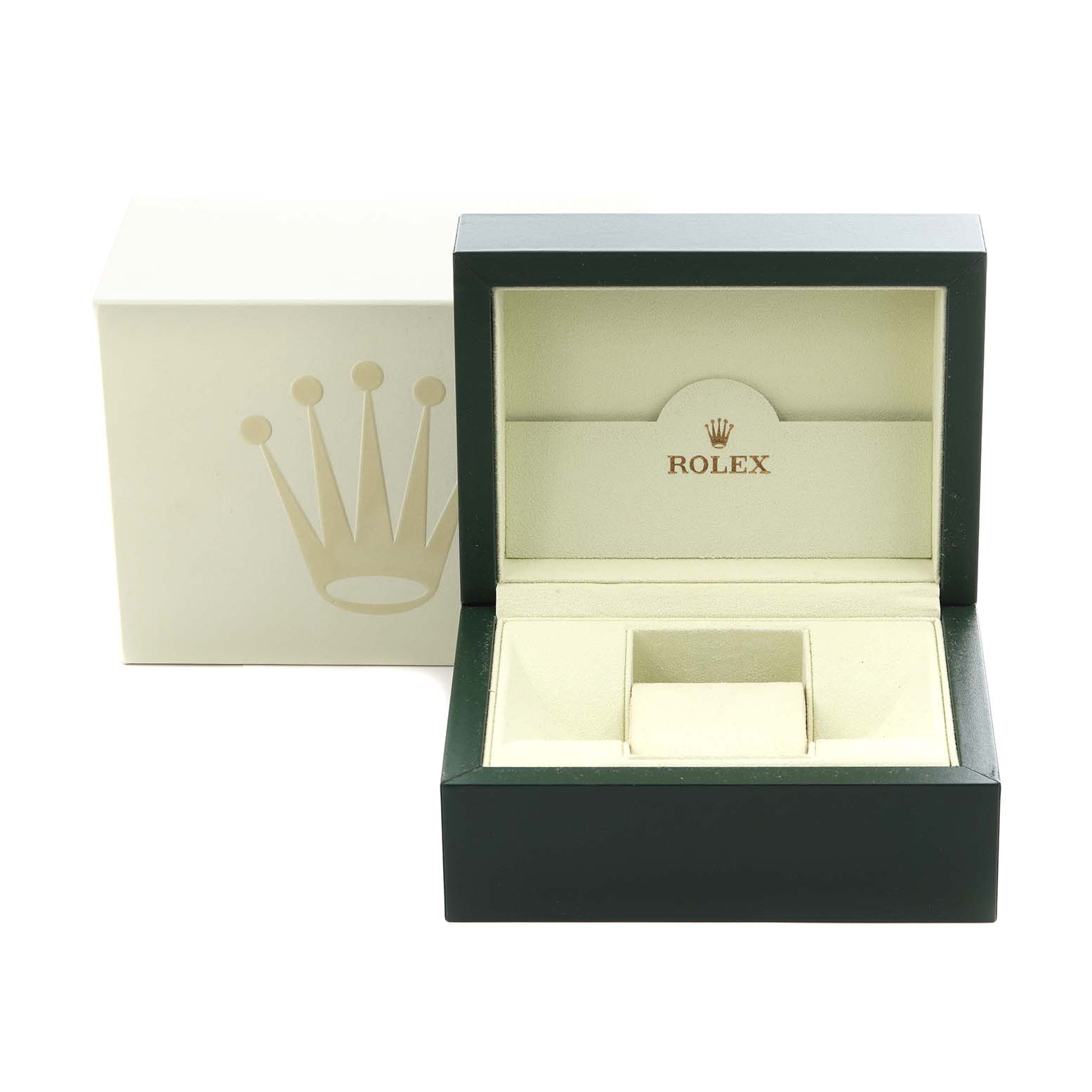 This image shows an open Rolex watch box with the brand
s logo inside, viewed from the front angle.