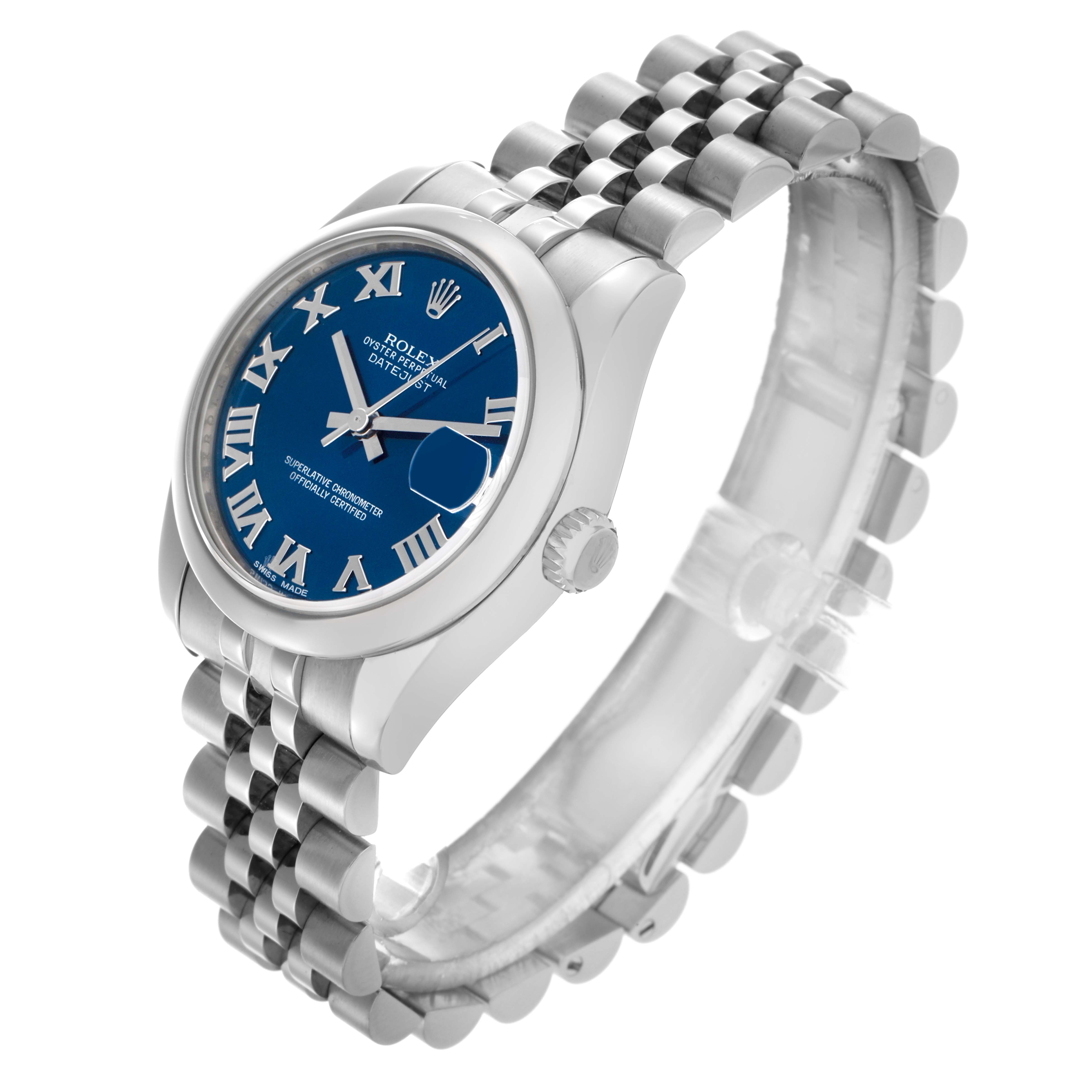 The Rolex Mid-Size 178240 Women
s Stainless Steel Blue Dial 178240 Women
s Stainless Steel Blue Dial watch is shown at a three-quarter angle, highlighting the blue dial, Roman numerals, bezel, crown, and Jubilee bracelet.