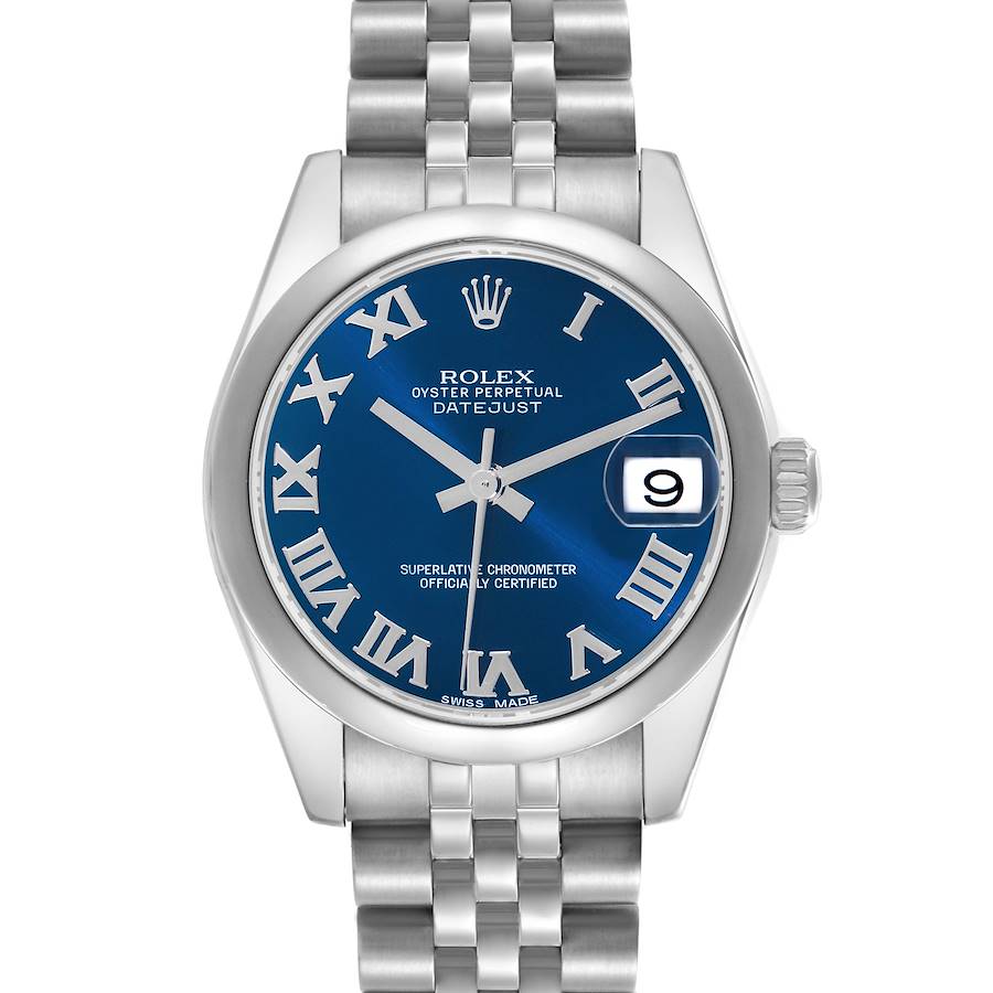 The Rolex Datejust Mid-Size watch is shown from the front, displaying the blue dial, Roman numerals, bezel, and bracelet.