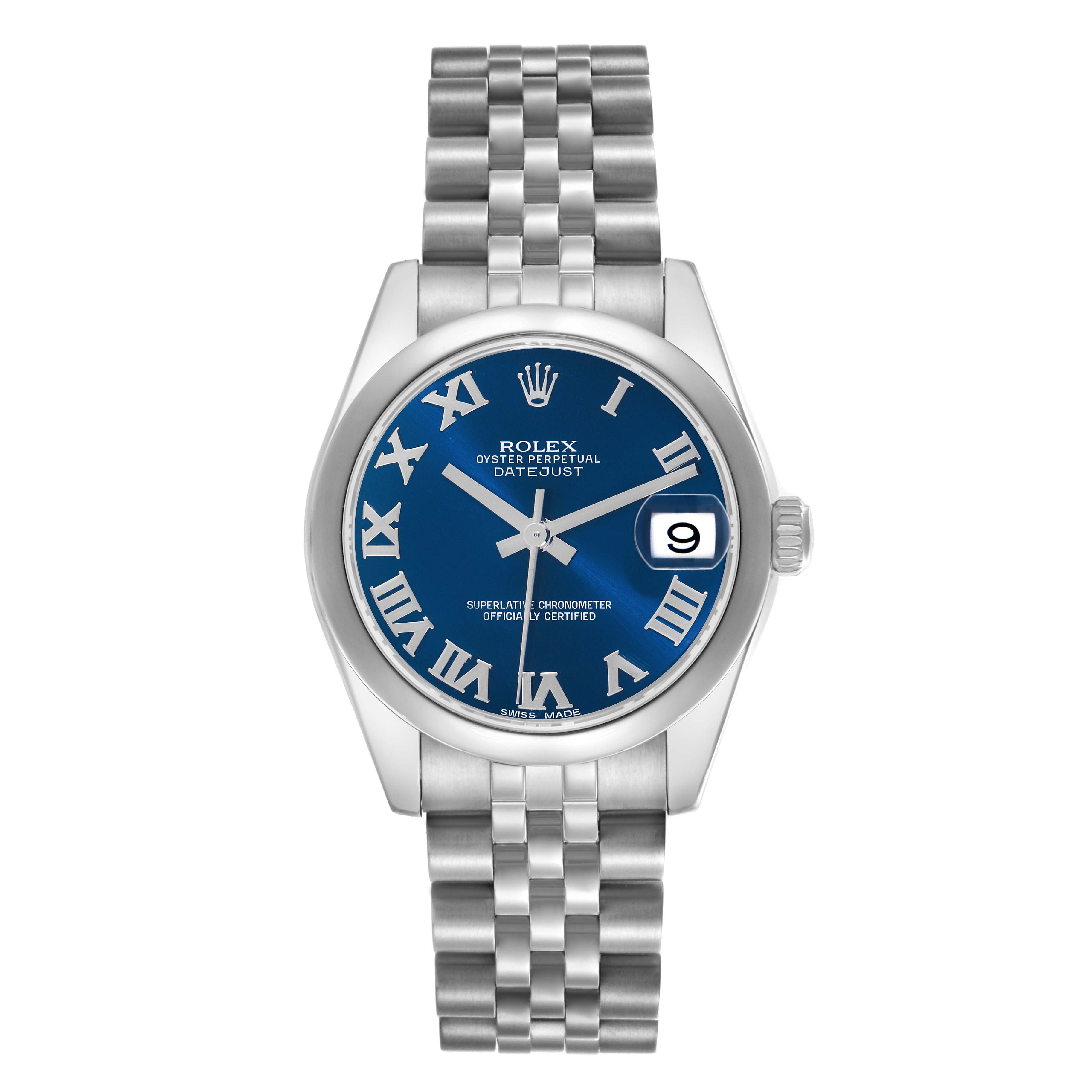 The Rolex Mid-Size 178240 Women
s Stainless Steel Blue Dial 178240 Women
s Stainless Steel Blue Dial watch is shown from a front view, highlighting the blue dial, Roman numerals, and metal bracelet.
