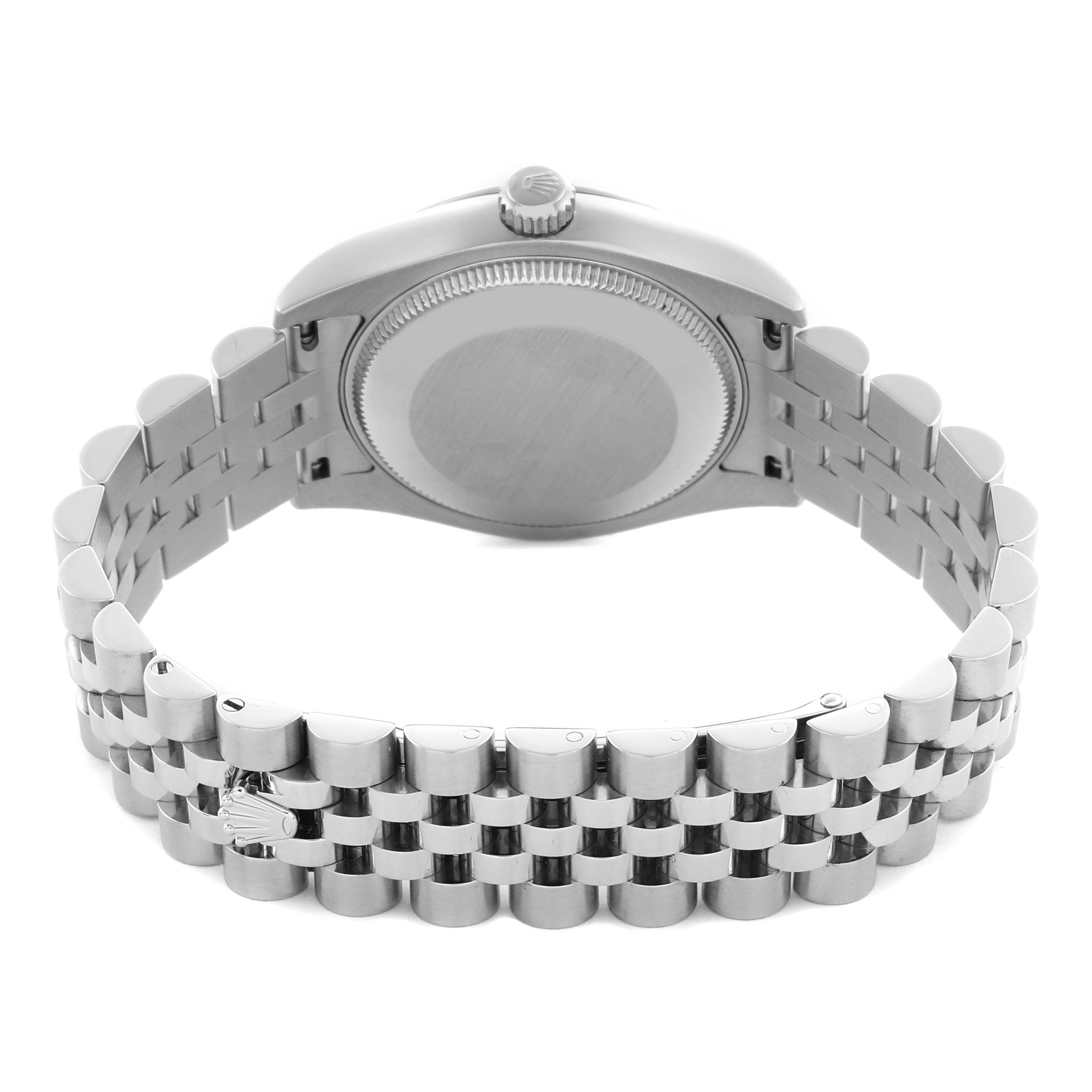 The image shows a Rolex Mid-Size 178240 Women
s Stainless Steel Blue Dial 178240 Women
s Stainless Steel Blue Dial watch from a rear angle, displaying the case back and bracelet.