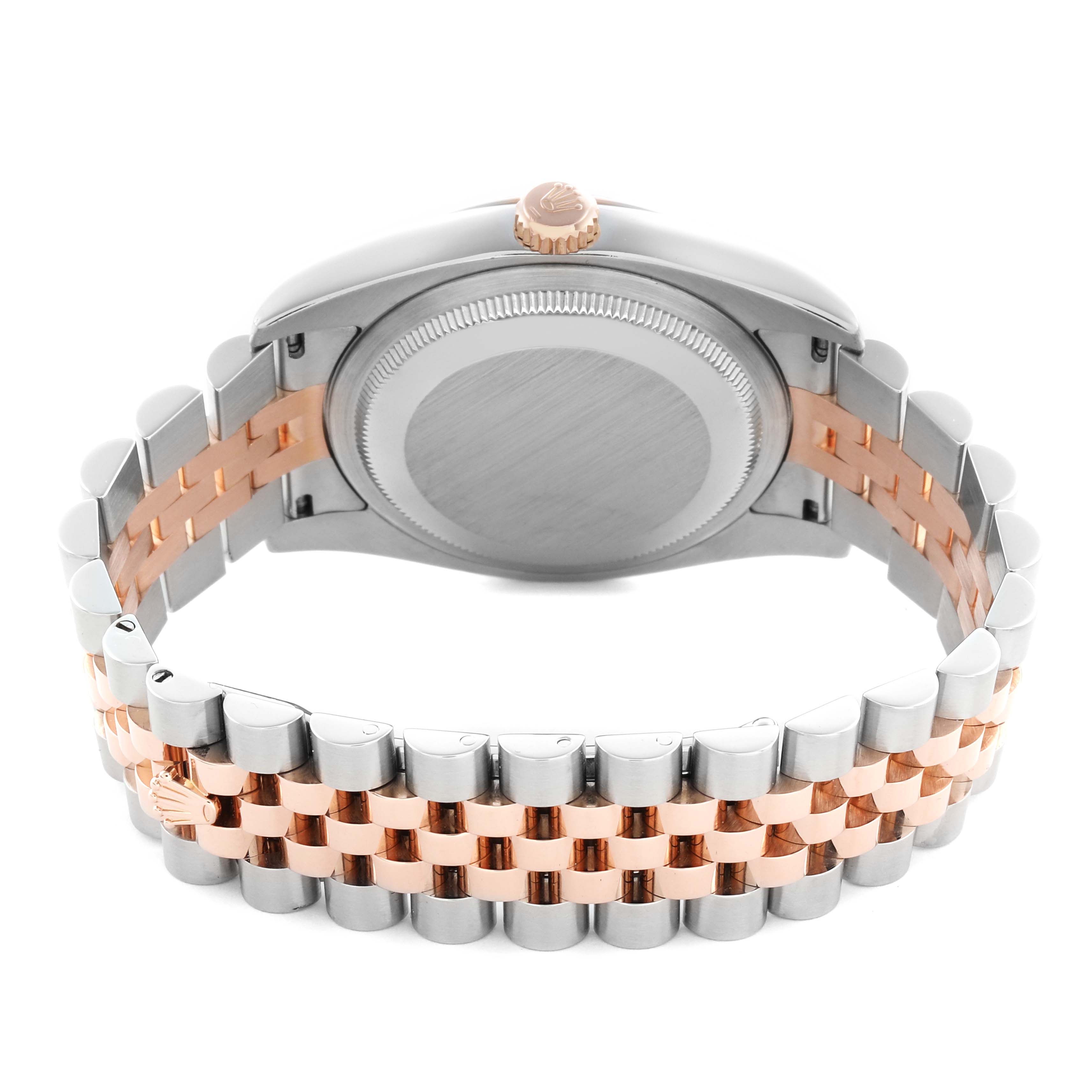 The image shows the back of a Rolex Datejust 116231 Men
s Steel and Gold (two tone) Black Dial 116231 Men
s Steel and Gold (two tone) Black Dial watch, highlighting the case back and Jubilee bracelet with two-tone links.