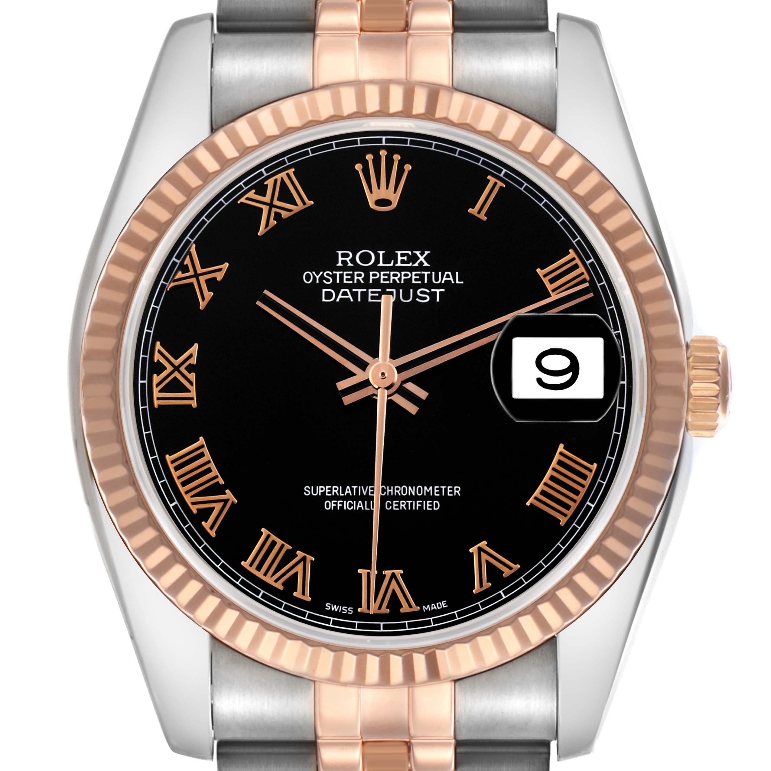 The Rolex Datejust 116231 Men
s Steel and Gold (two tone) Black Dial 116231 Men
s Steel and Gold (two tone) Black Dial watch is shown from the front, highlighting the bezel, crown, and bracelet top links.