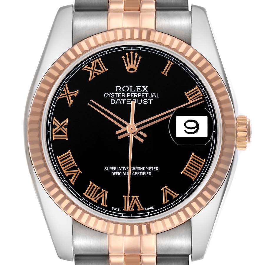The Rolex Datejust watch is shown from the front, highlighting the bezel, crown, and bracelet top links.
