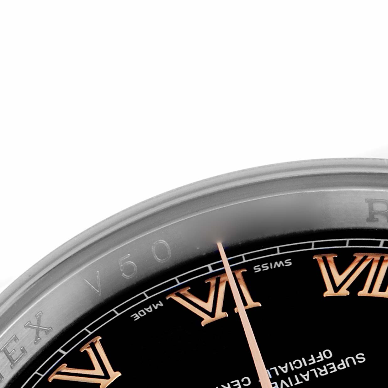 The image shows a close-up of the Rolex Datejust 116231 Men
s Steel and Gold (two tone) Black Dial 116231 Men
s Steel and Gold (two tone) Black Dial
s bezel, dial, and Roman numerals from an angle highlighting the top right section.