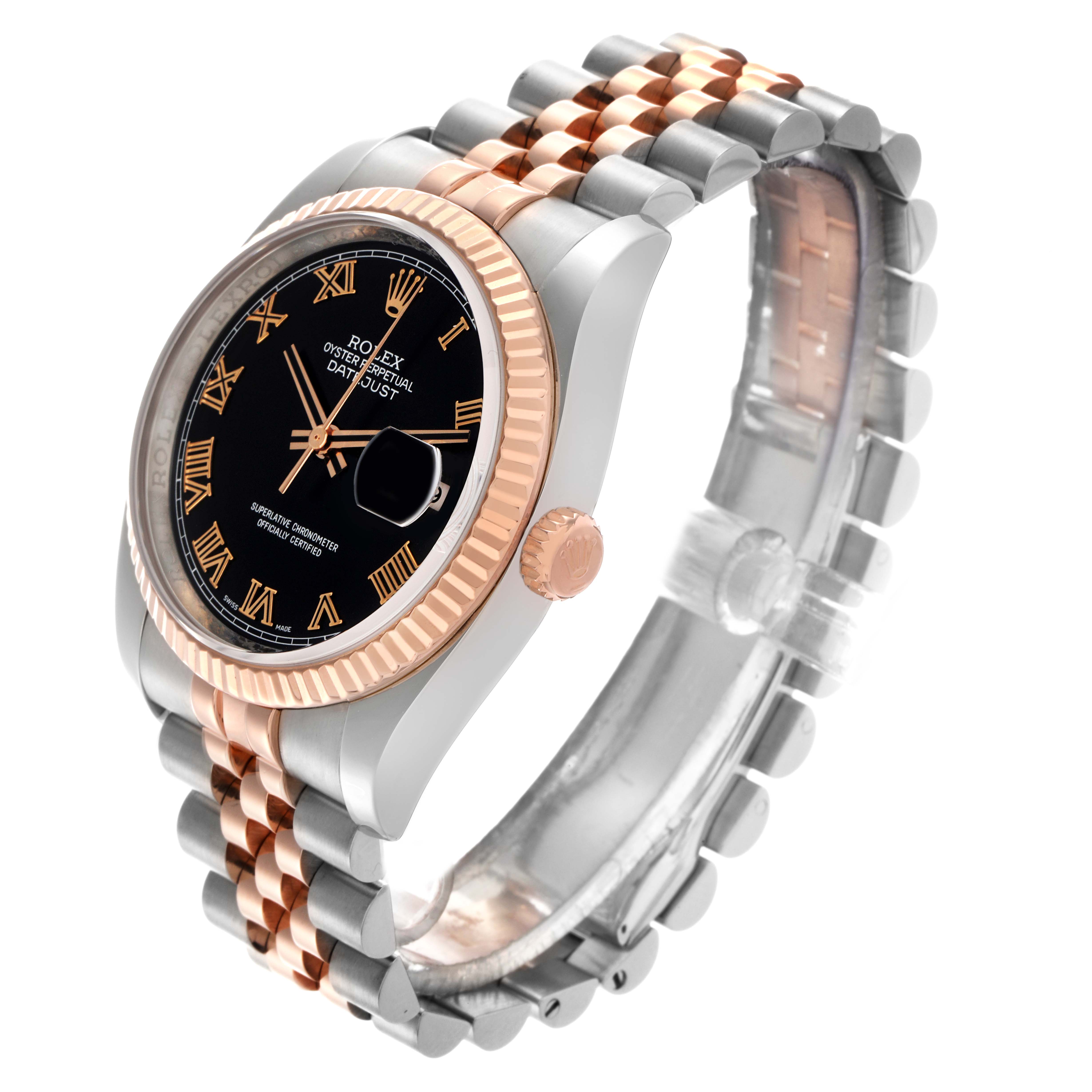 The Rolex Datejust 116231 Men
s Steel and Gold (two tone) Black Dial 116231 Men
s Steel and Gold (two tone) Black Dial watch is shown at a three-quarter angle, highlighting the two-tone bezel, crown, dial, and jubilee bracelet.