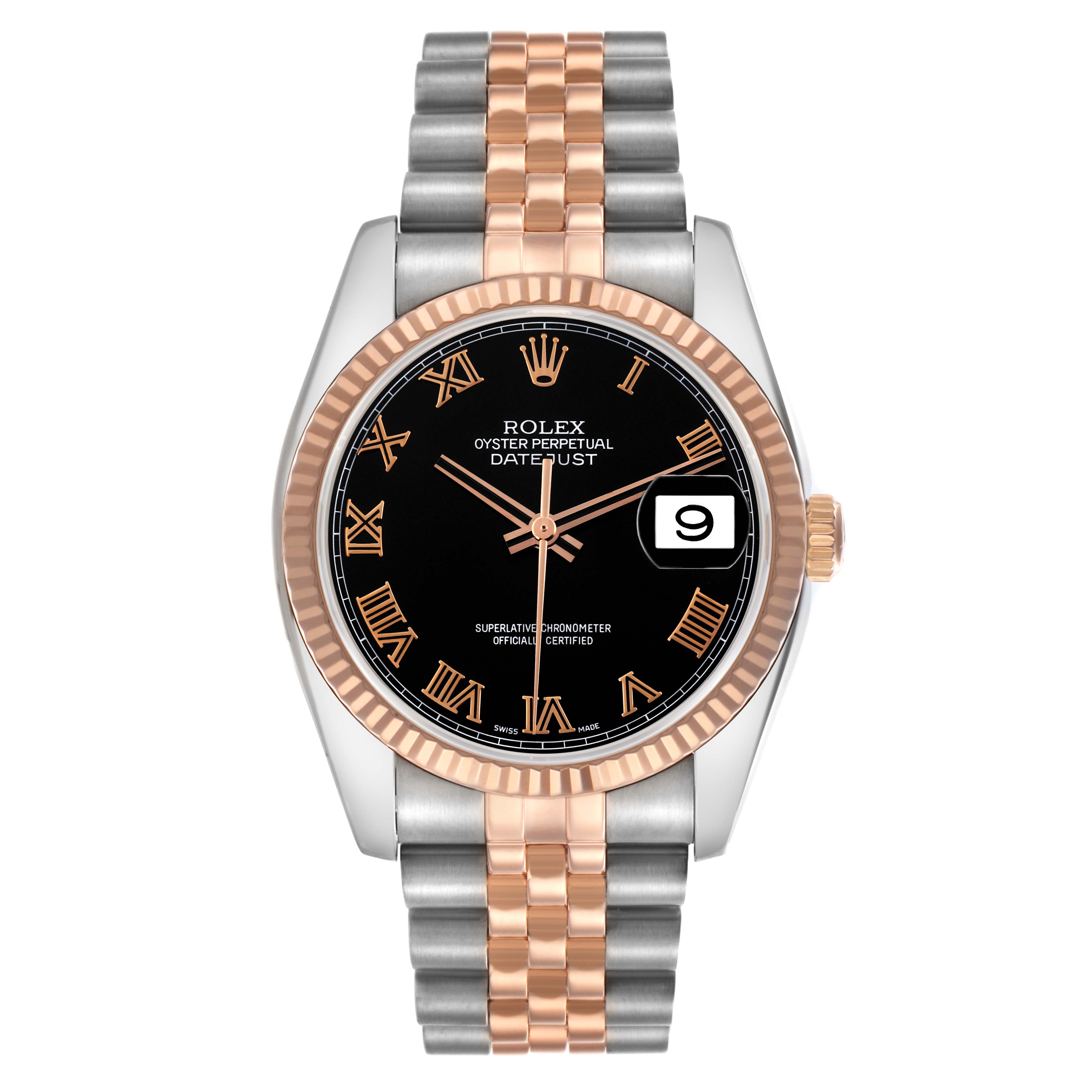 The Rolex Datejust 116231 Men
s Steel and Gold (two tone) Black Dial 116231 Men
s Steel and Gold (two tone) Black Dial watch is shown from a front angle, displaying the dial, bezel, and Jubilee bracelet.