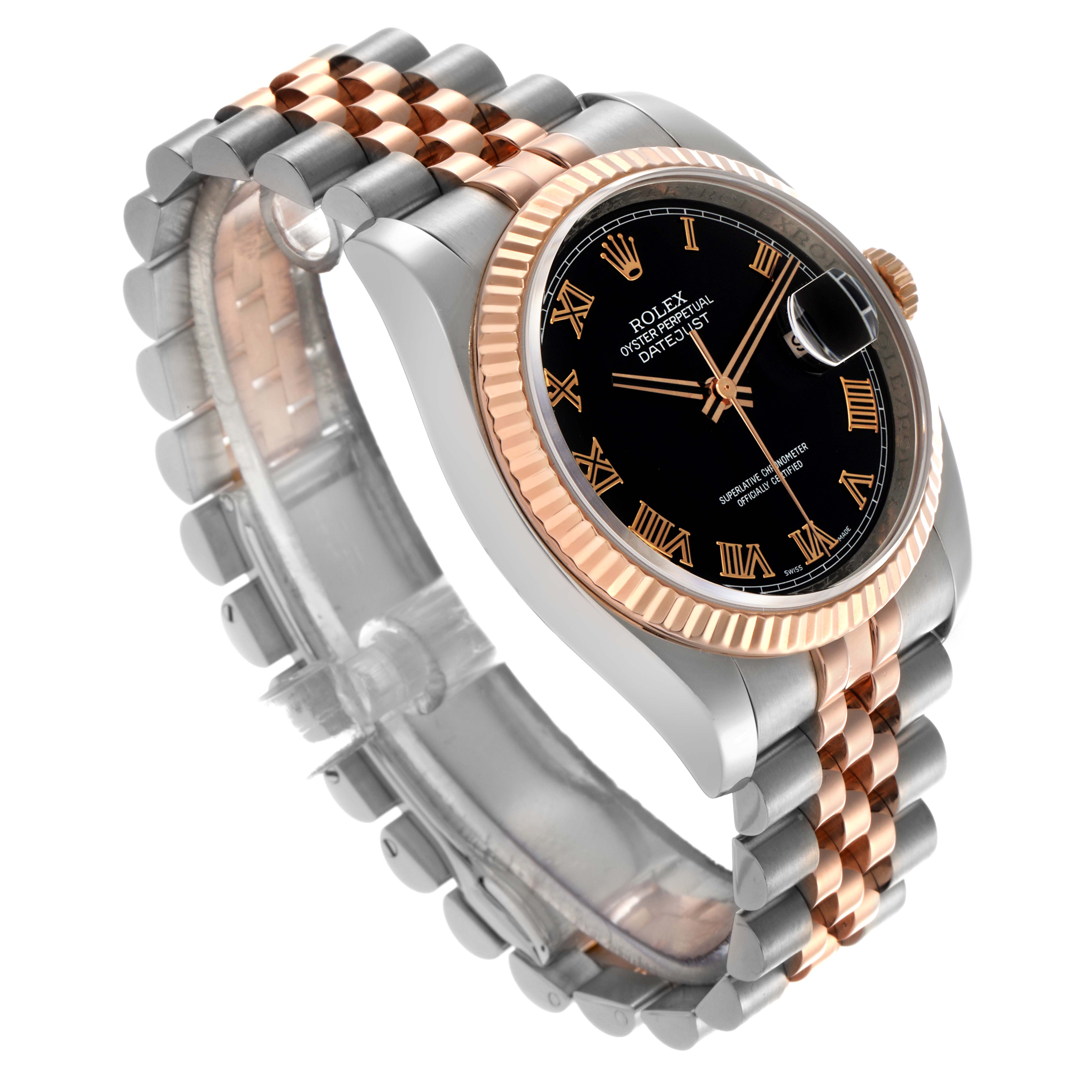 The image shows a Rolex Datejust 116231 Men
s Steel and Gold (two tone) Black Dial 116231 Men
s Steel and Gold (two tone) Black Dial watch at a three-quarter angle, highlighting the black dial, two-tone jubilee bracelet, and fluted bezel.