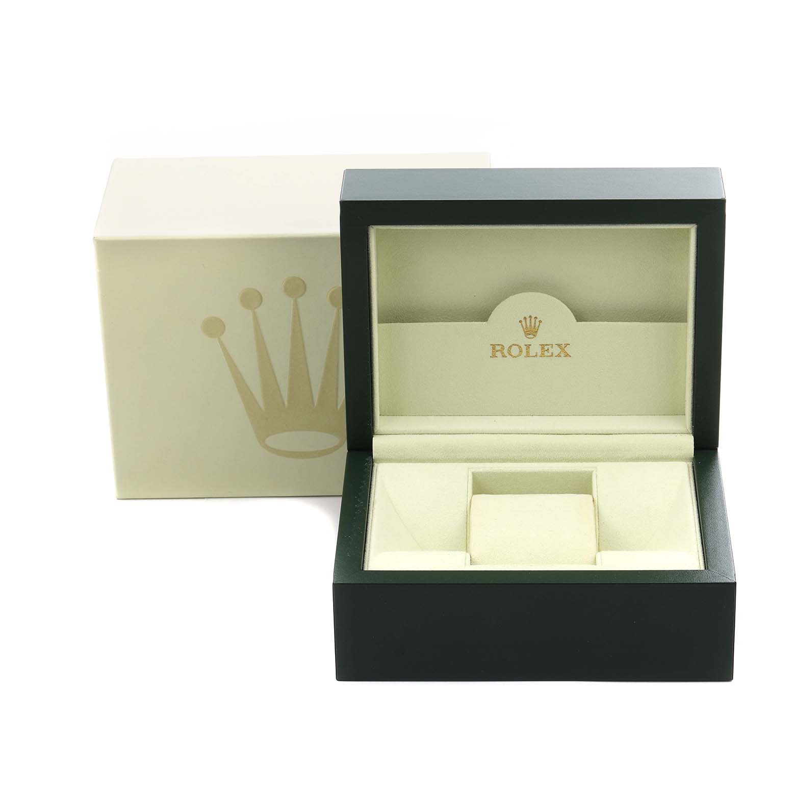 The image shows a Rolex Datejust 116231 Men
s Steel and Gold (two tone) Black Dial 116231 Men
s Steel and Gold (two tone) Black Dial watch box, open, with the Rolex logo, and an outer box displayed.
