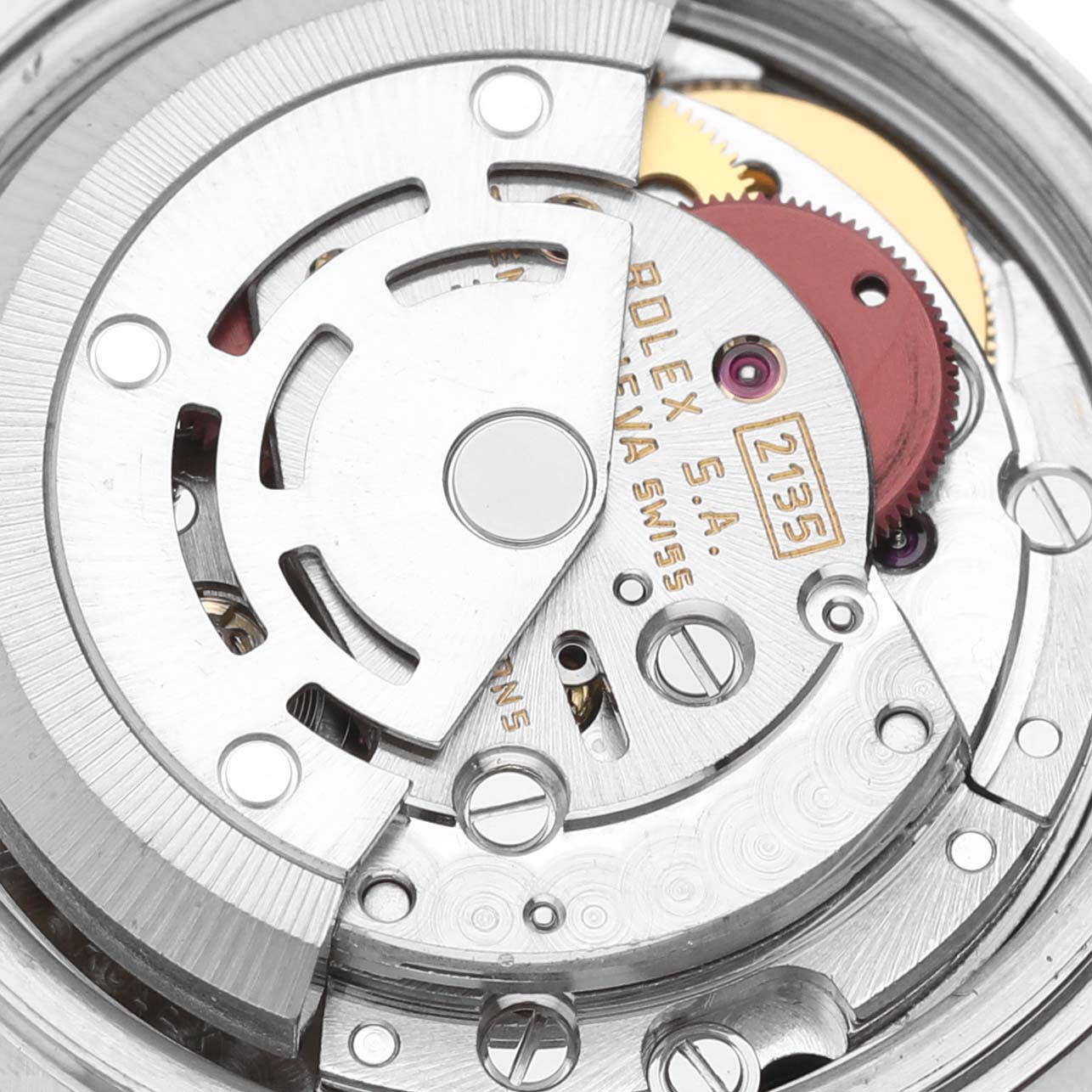 This image shows the internal movement mechanism of a Rolex Datejust 69174 Women
s Stainless Steel Black Dial 69174 Women
s Stainless Steel Black Dial, featuring intricate gears and components from a close-up angle.