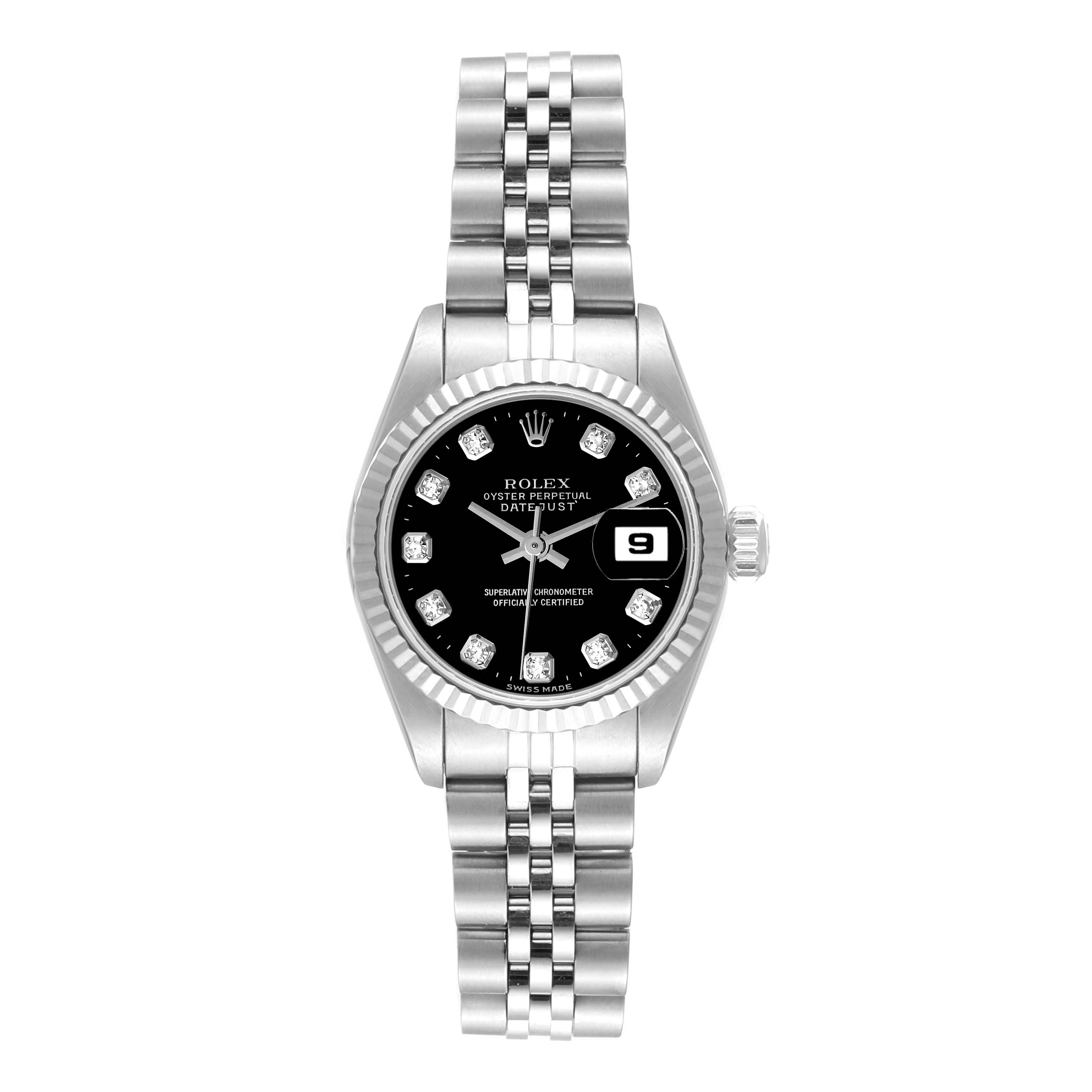 The Rolex Datejust 69174 Women
s Stainless Steel Black Dial 69174 Women
s Stainless Steel Black Dial watch is shown from the front, displaying the dial, bezel, bracelet, and crown.