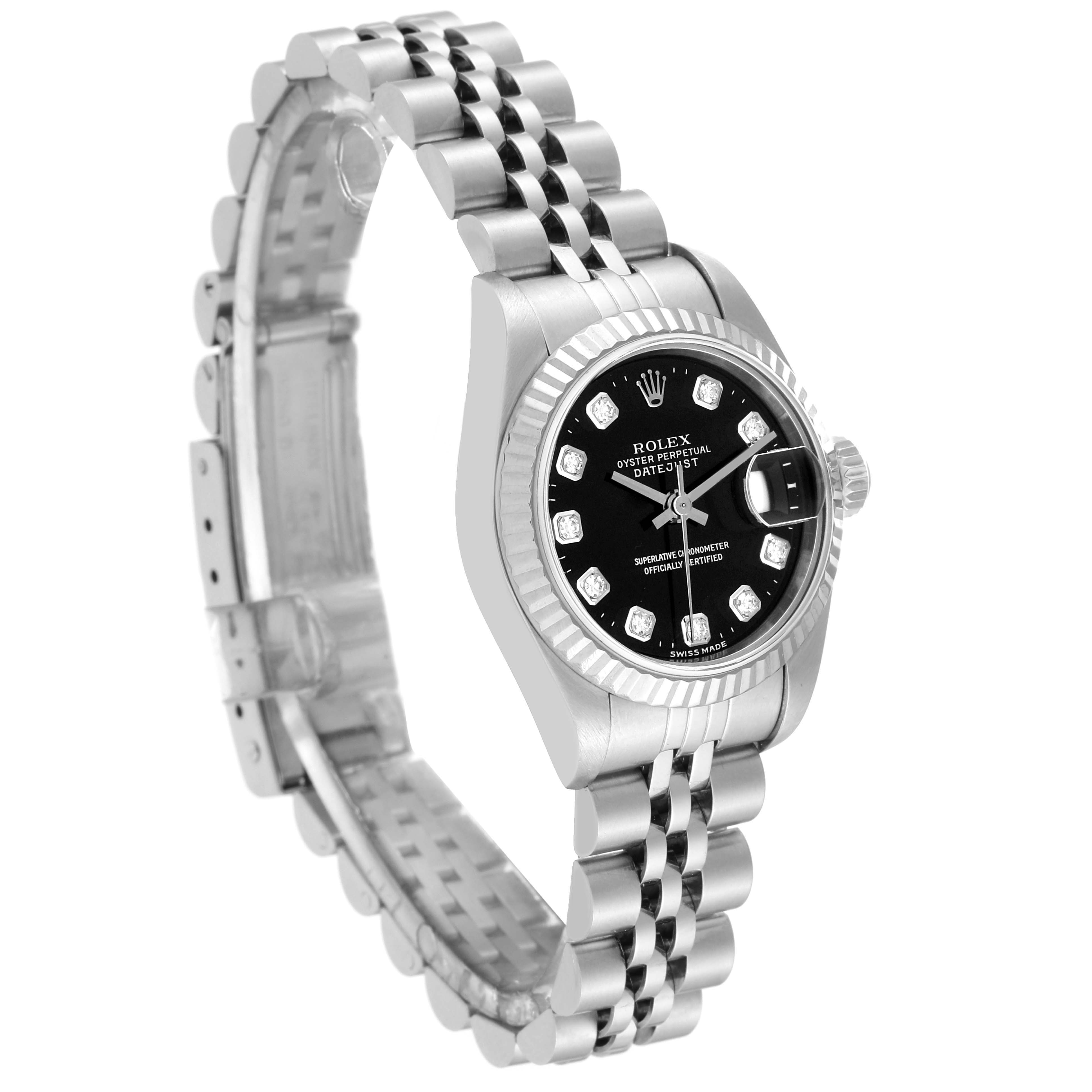 The Rolex Datejust 69174 Women
s Stainless Steel Black Dial 69174 Women
s Stainless Steel Black Dial watch is shown at a slight angle, displaying its face, bezel, crown, and Jubilee bracelet.