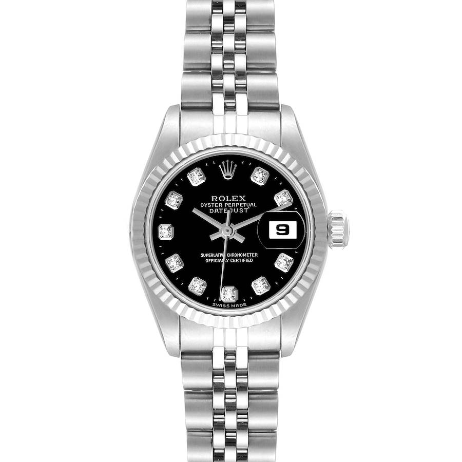 The Rolex Datejust watch is shown from a top-down angle, displaying the face, fluted bezel, and Jubilee bracelet.