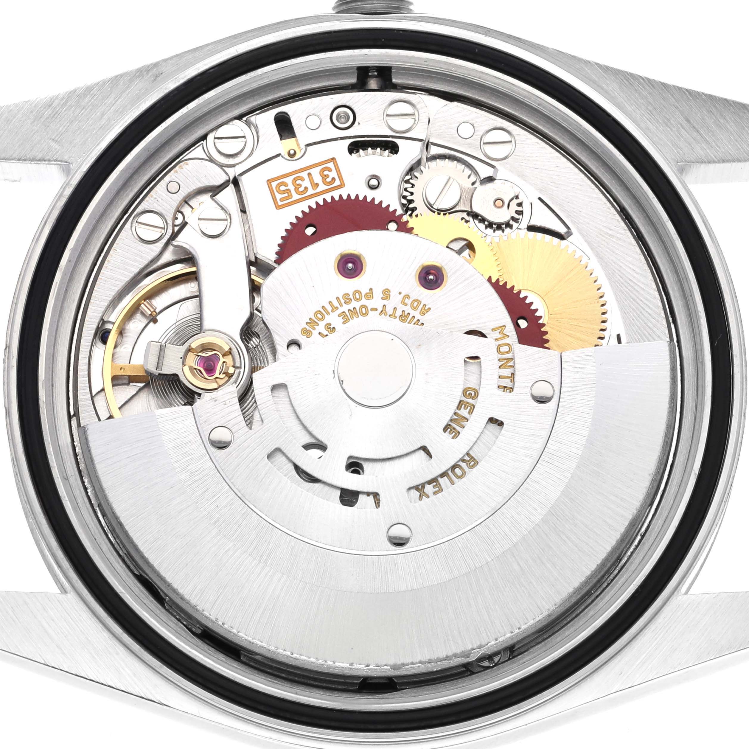 The image shows the back view of a Rolex Datejust 16234G Men
s Stainless Steel Black Dial 16234G Men
s Stainless Steel Black Dial watch, focusing on its exposed mechanical movement.